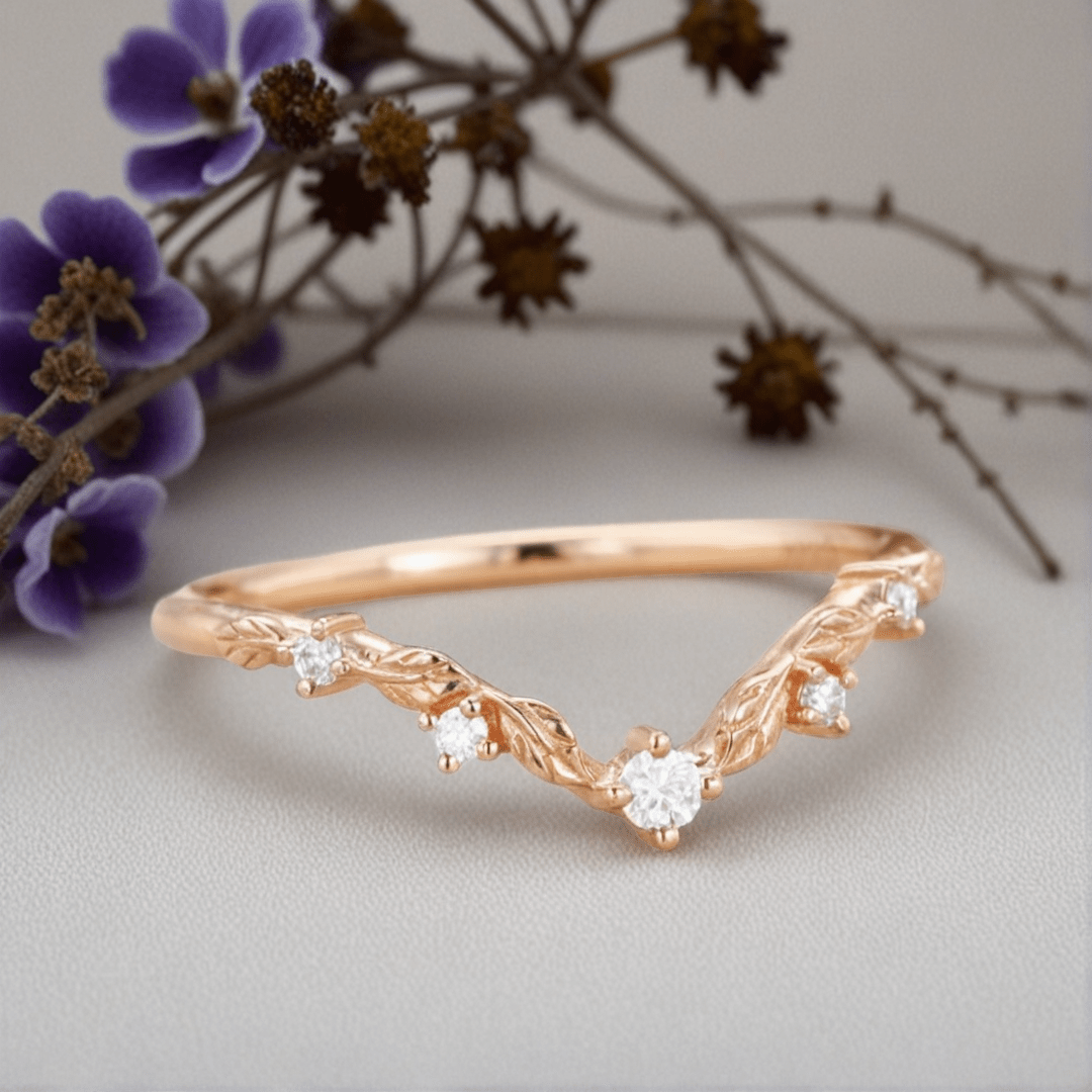 Unique Round Moissanite Wedding Band Art-deco Leaf Moissanite Engagement Ring - Oore Jewelry