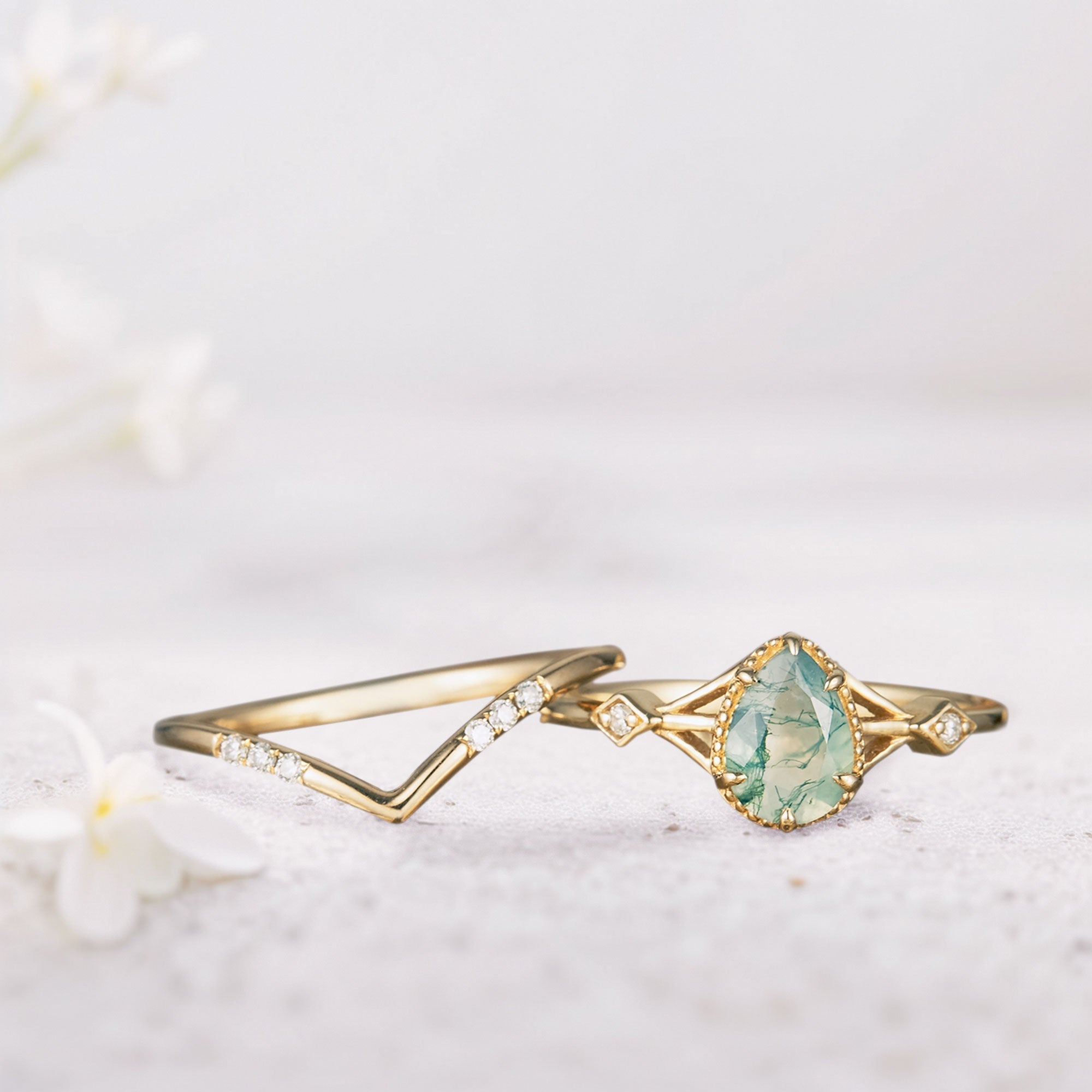 Unique Pear Moss Agate Bridal Ring Set - Oore Jewelry