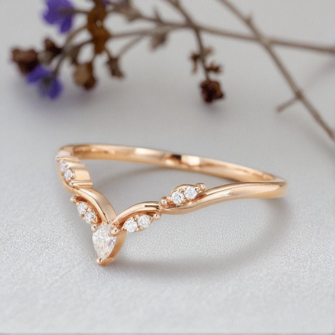 Unique Pear Moissanite Wedding Band Leaf Moissanite Engagement Ring - Oore Jewelry