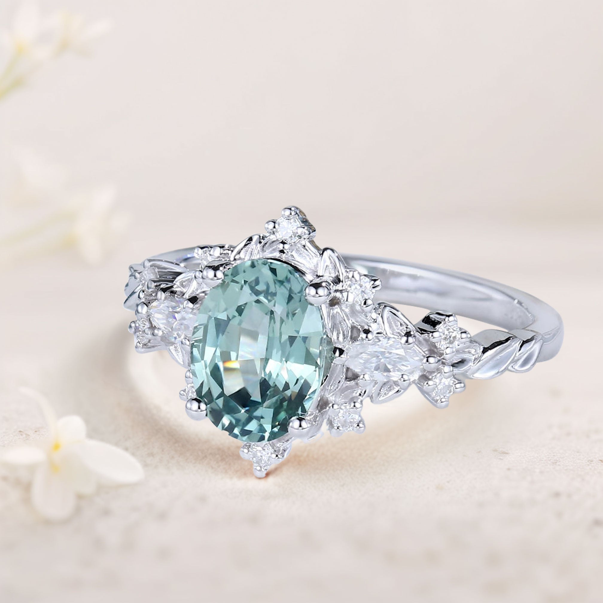 Vintage Briar Rose Oval Green Lab Sapphire Engagement Ring Vine Ring - Oore Jewelry