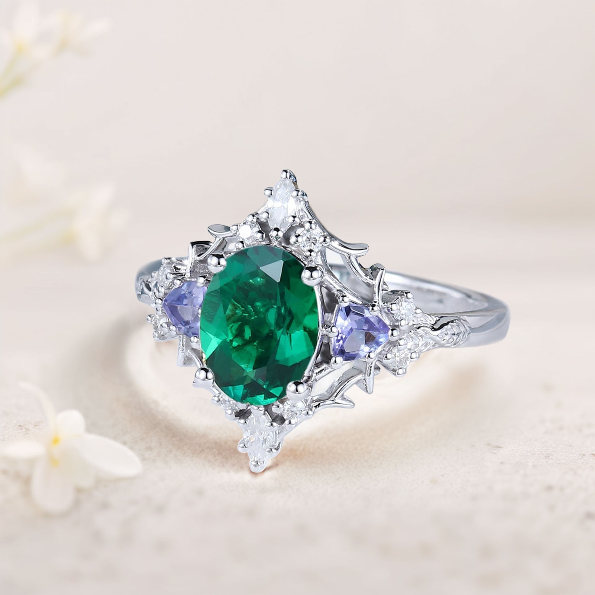 Vintage Briar Rose Oval Lab Emerald Engagement Ring Filigree Ring - Oore Jewelry