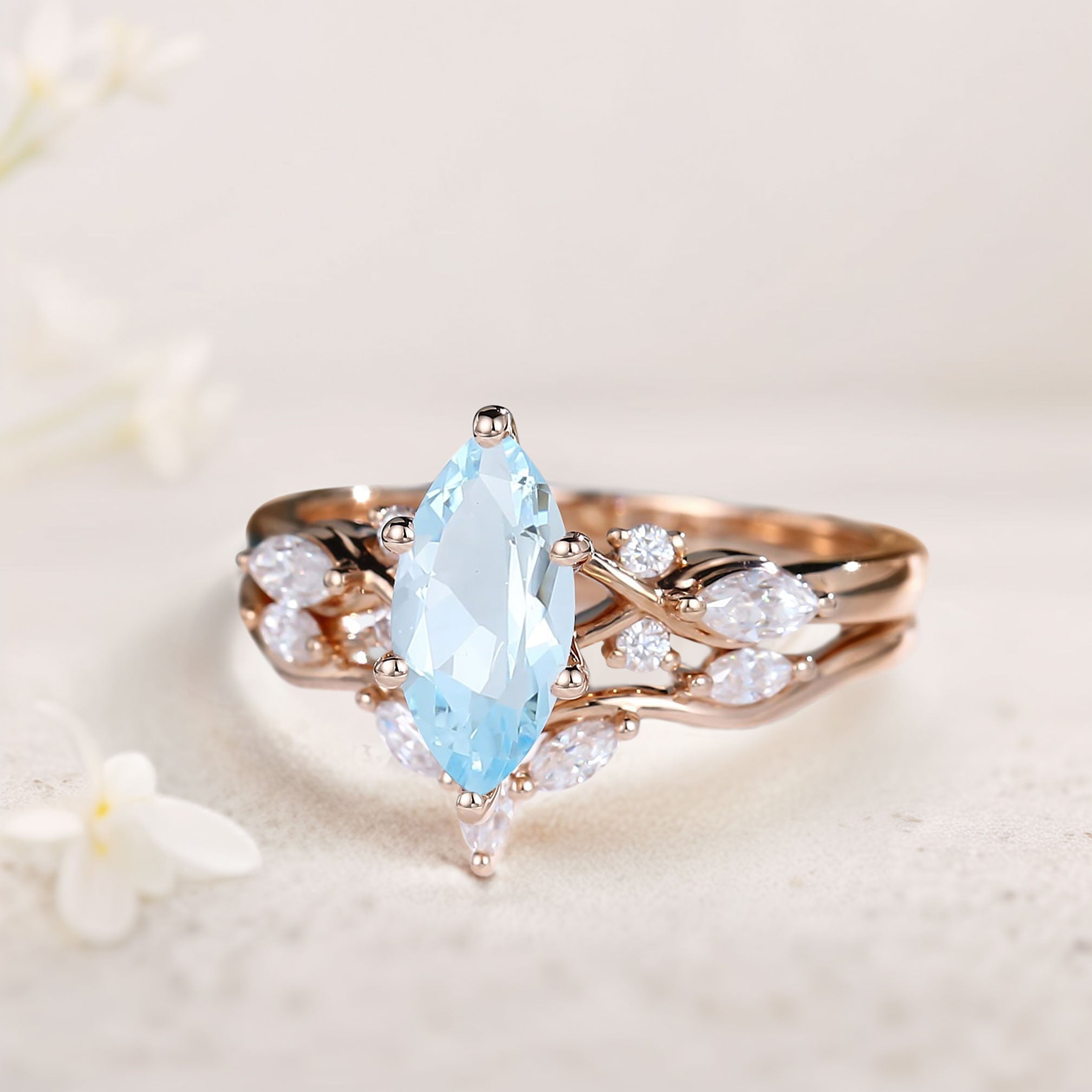 Unique Marquise Lab Aquamarine and Moissanite Wedding Ring Set Bridal Ring Set - Oore Jewelry