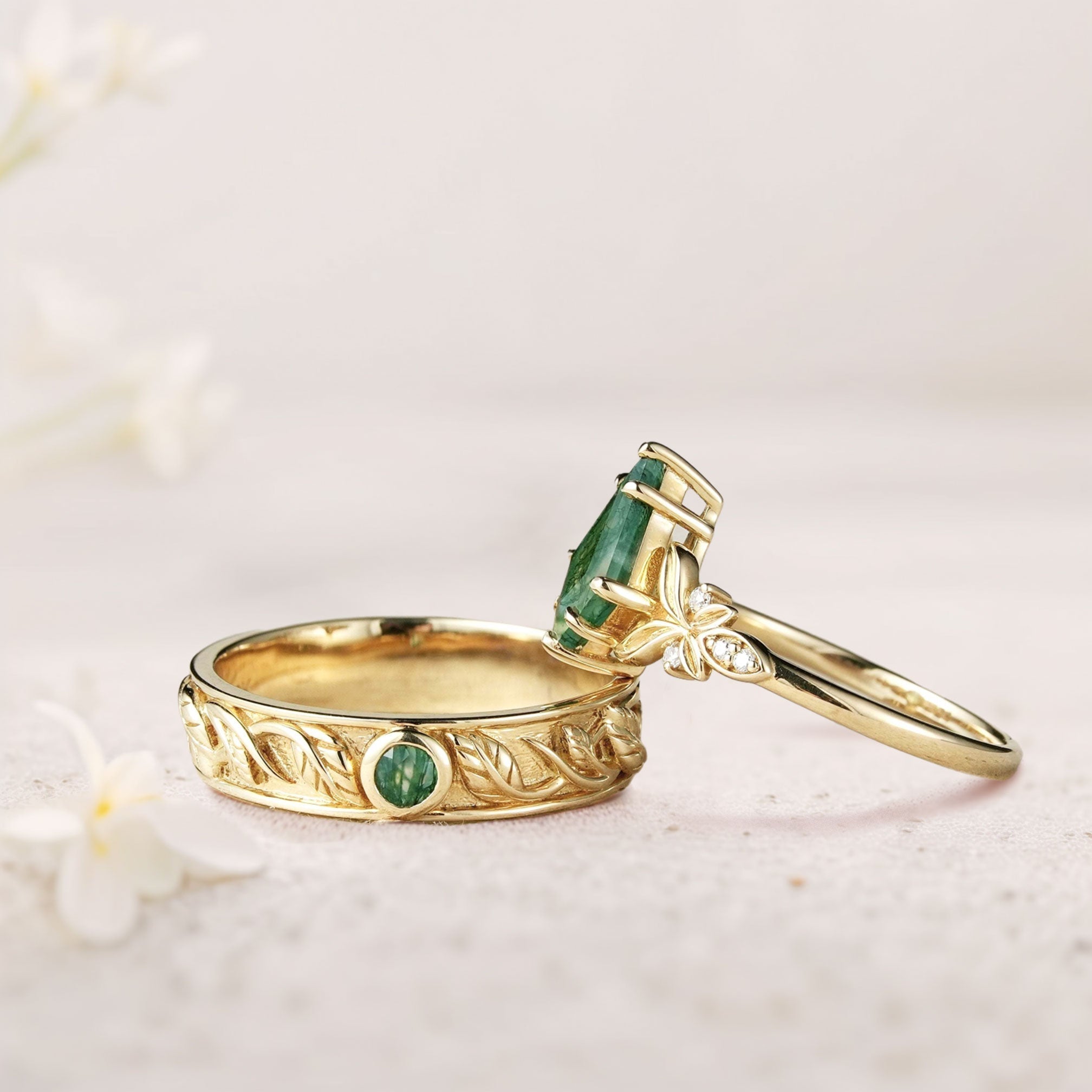 Unique Kite Moss agate Promise Engagement Ring Wedding Ring Set For Couples - Oore Jewelry