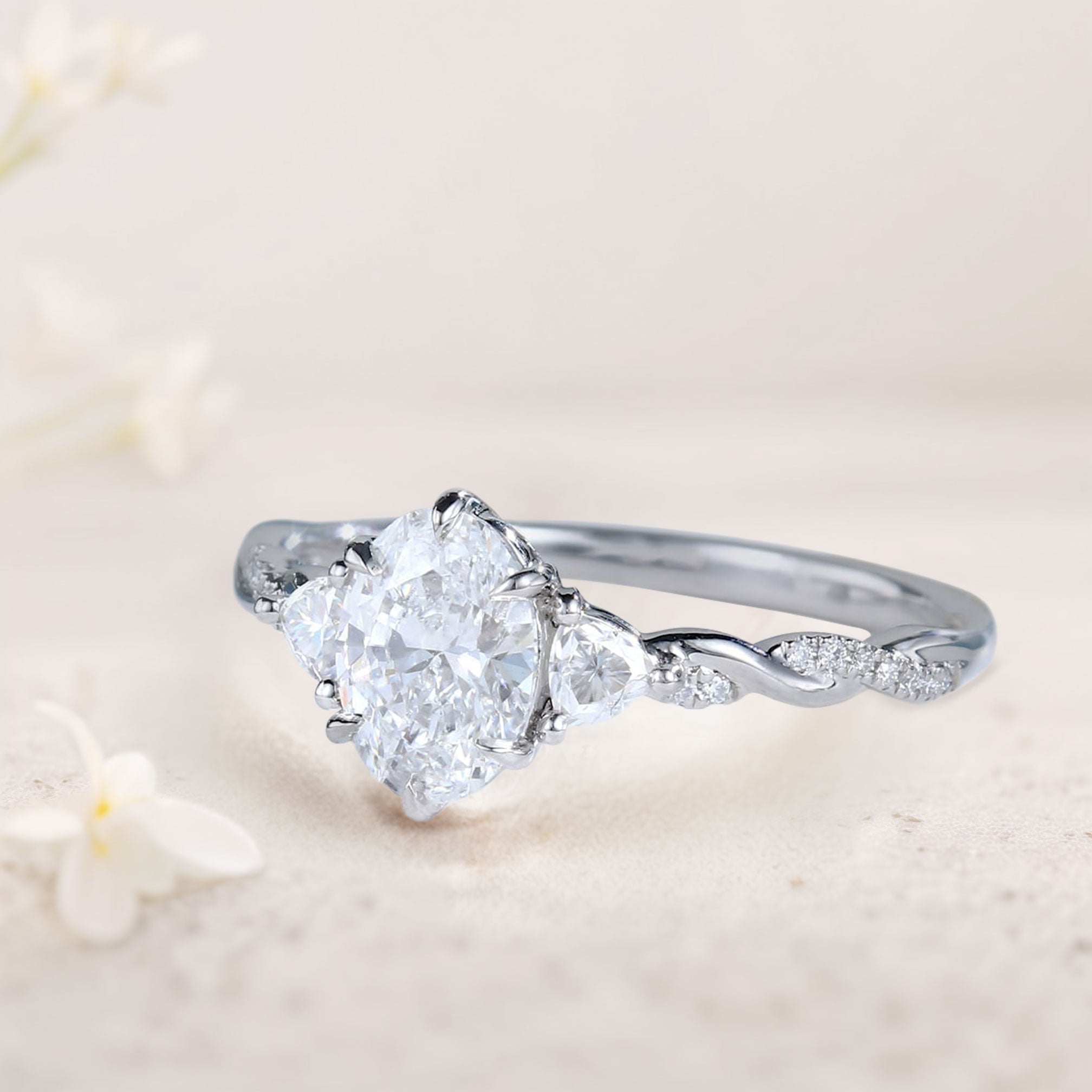 Unique Three Stone Oval Moissanite Ring Engagement Ring - Oore Jewelry