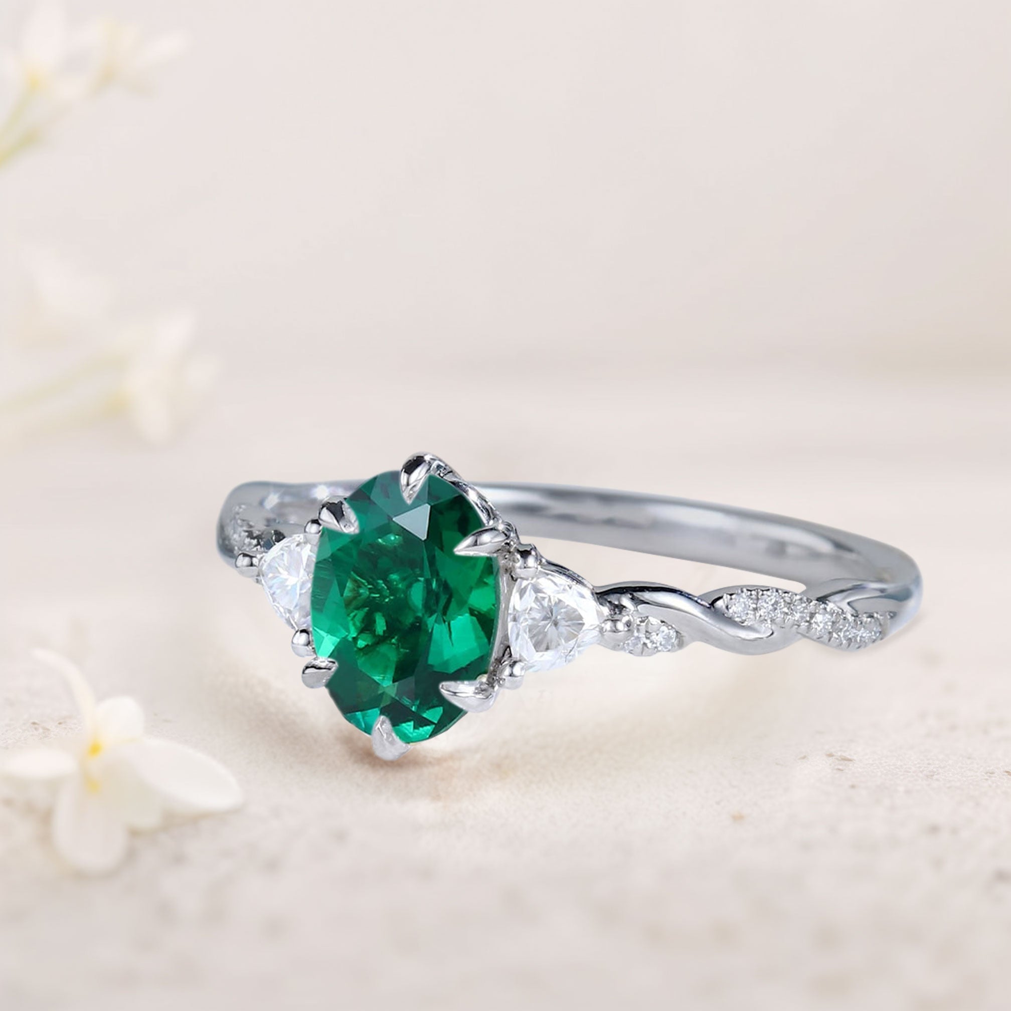 Unique Three Stone Oval Lab Emerald Ring Engagement Ring - Oore Jewelry