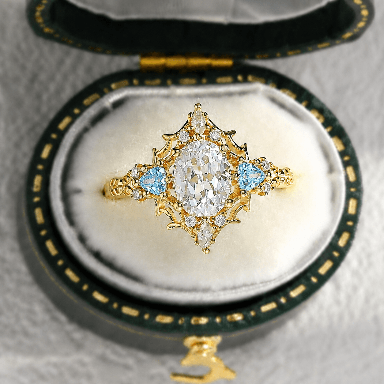 Custom Vintage Briar Rose Filigree Oval Moissanite and Aquamarine Engagement Ring - Oore Jewelry