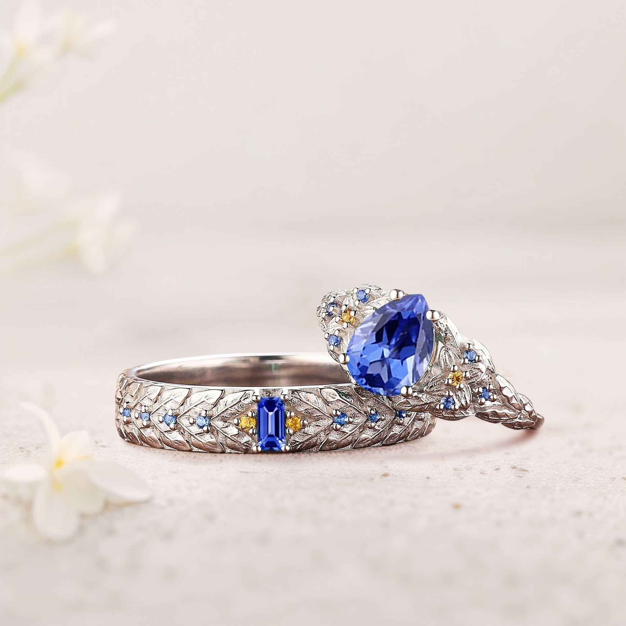 Unique Pear Lab Sapphire His and Hers Matching Wedding Ring Set - Oore Jewelry