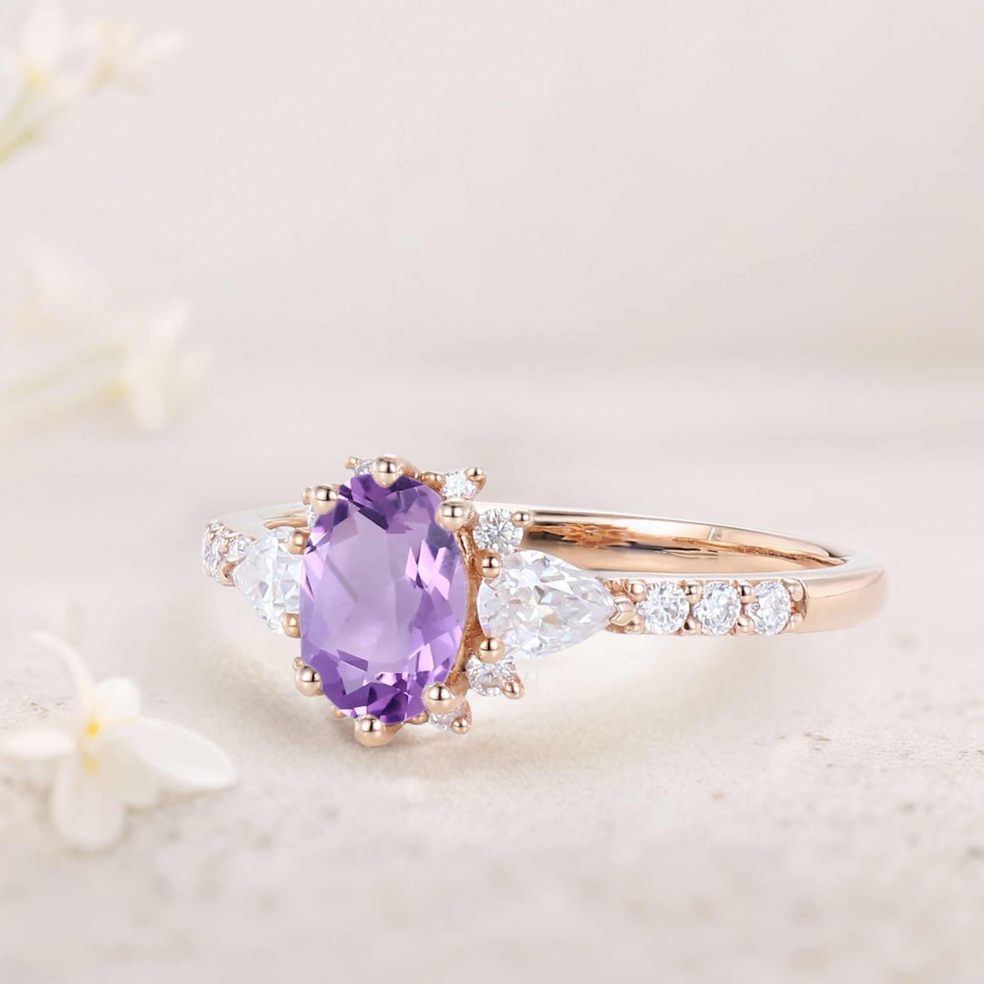 Unique Oval Amethyst Engagement Ring Bridal Ring - Oore Jewelry
