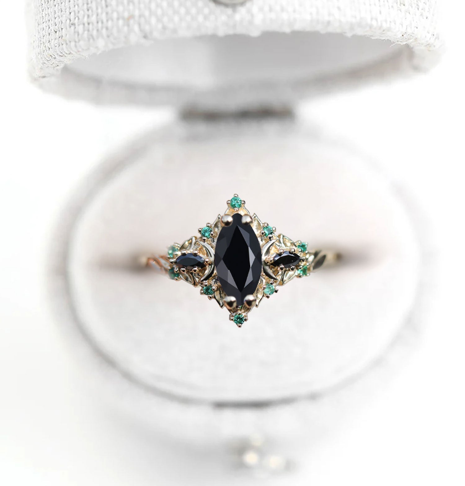 Unique Briar Moon Three Stone Marquise Black Onyx and Lab Emerald Ring - Oore Jewelry