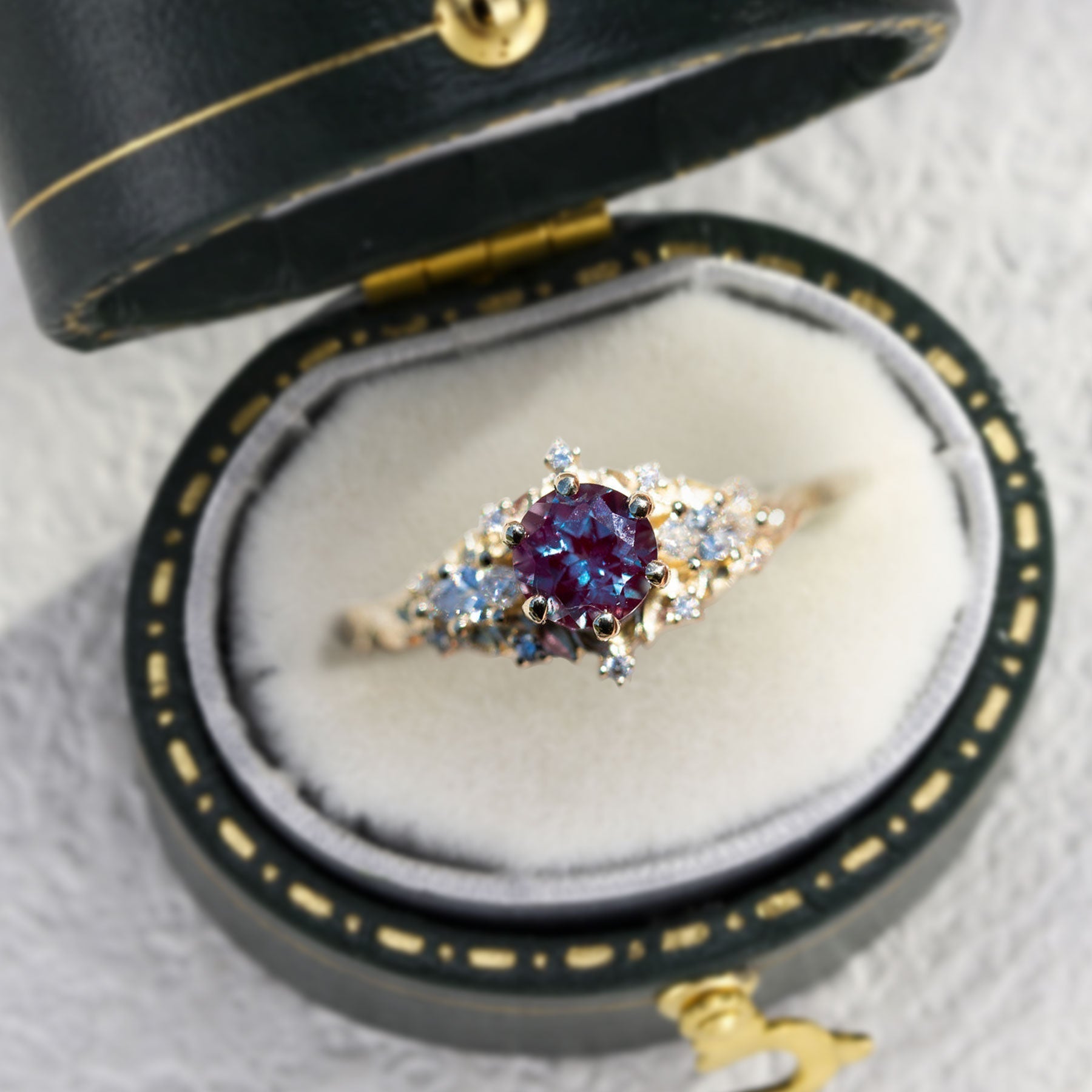 Unique Briar Rose Three Stone Round Lab Alexandrite Ring - Oore Jewelry