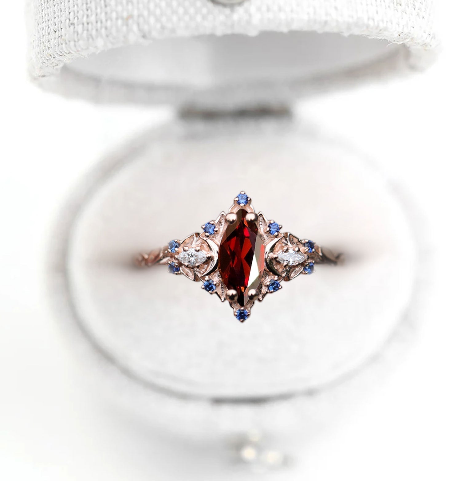 Unique Briar Moon Marquise Garnet and Lab Blue Sapphire Anniversary Ring - Oore Jewelry