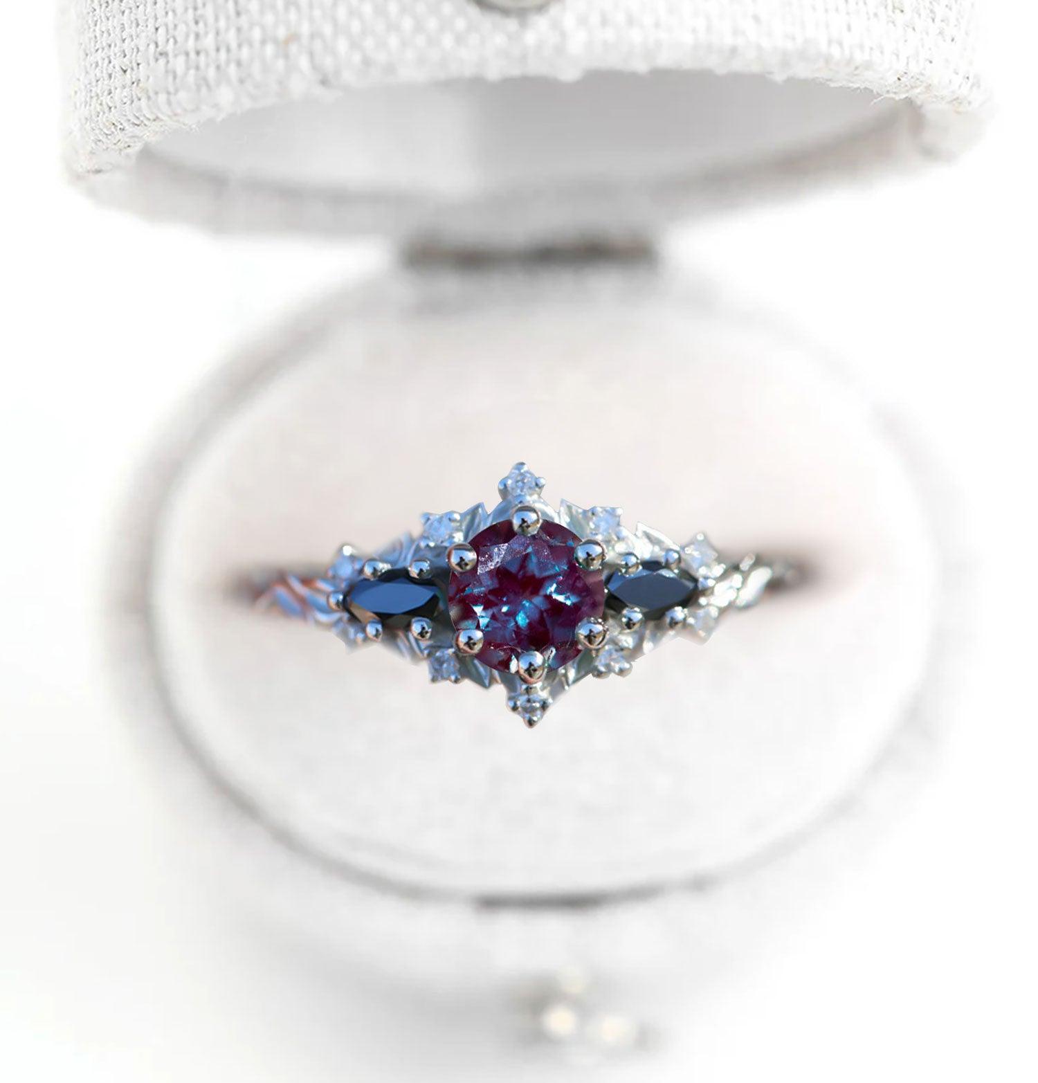 Unique Briar Rose Round Lab Alexandrite and Black Moissanite Ring - Oore Jewelry