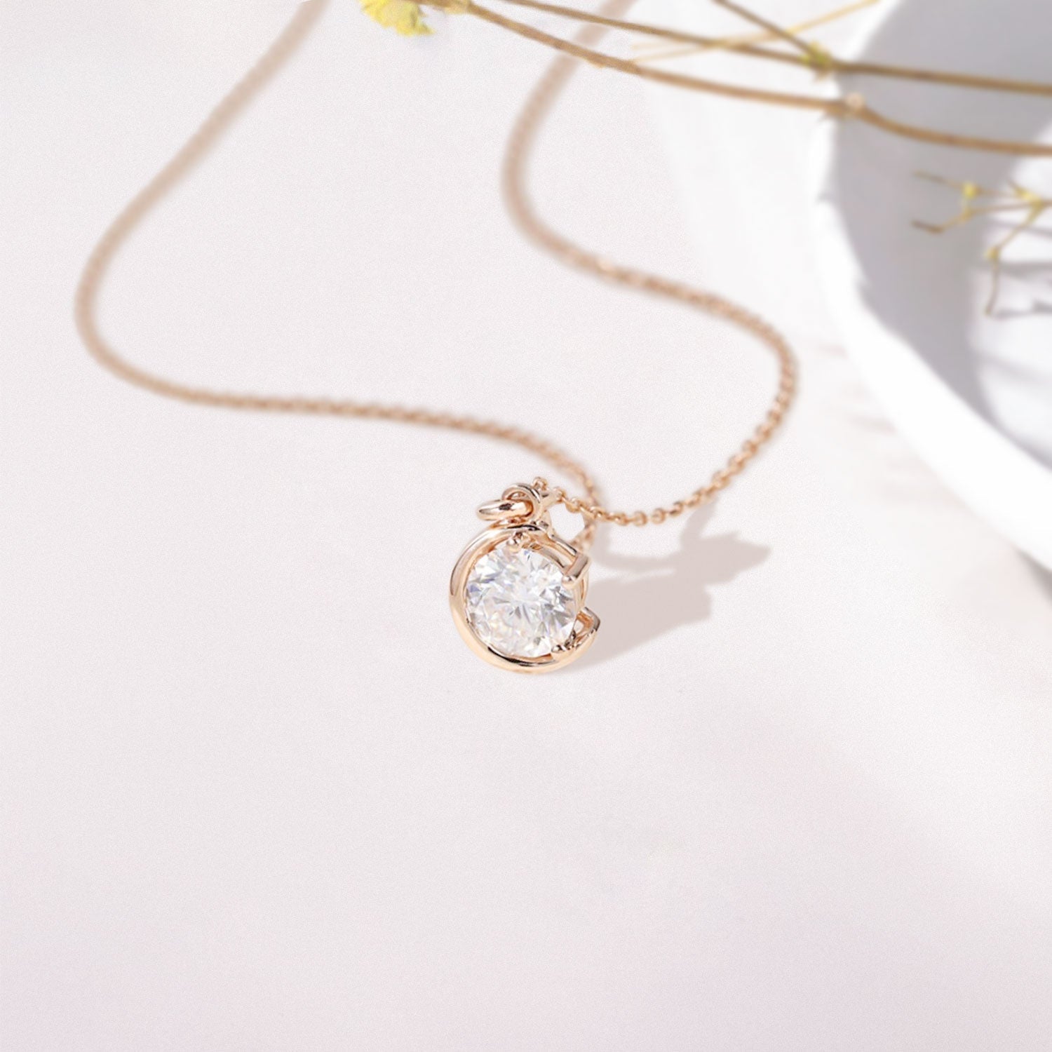 Unique Solitaire Crescent Round Moissanite Pendant Necklace - Oore Jewelry