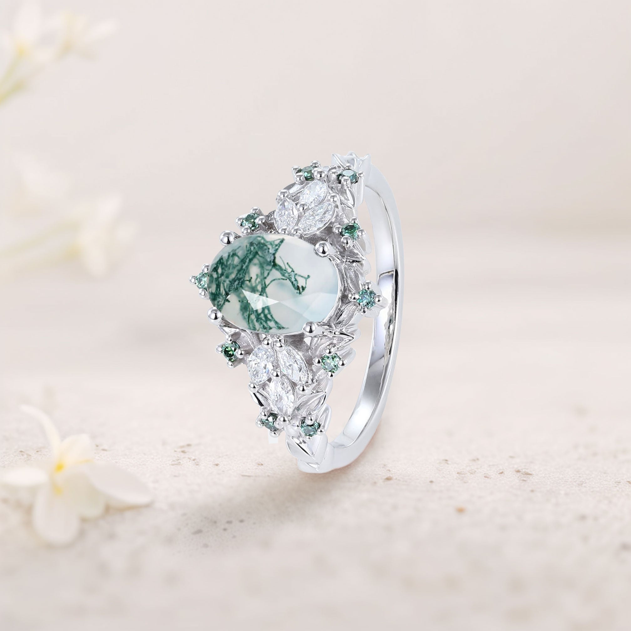 Unique Starlight Moss Agate Engagement Ring - Oore Jewelry