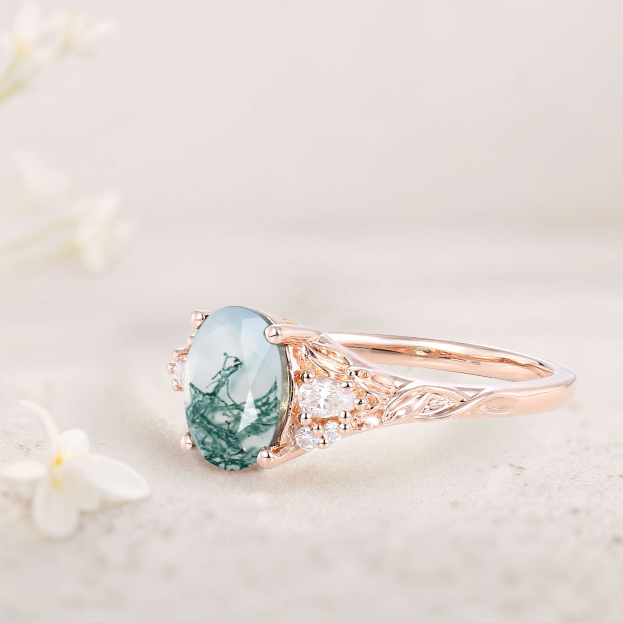 Unique Oval Moss Agate and Moissanite Wedding Ring - Oore Jewelry