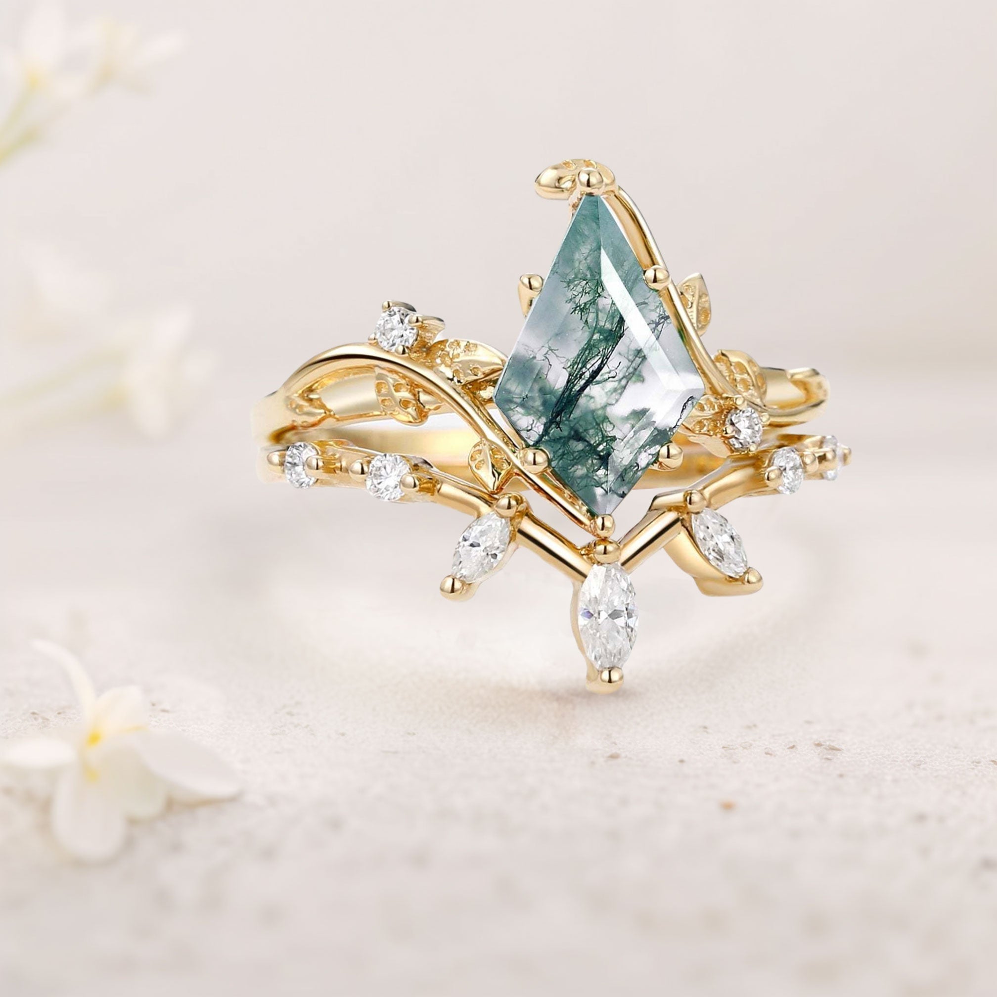 Unique floral engagement rings Kite Moss Agate Engagement Ring Set with Leafy Accents - Oore Jewelry
