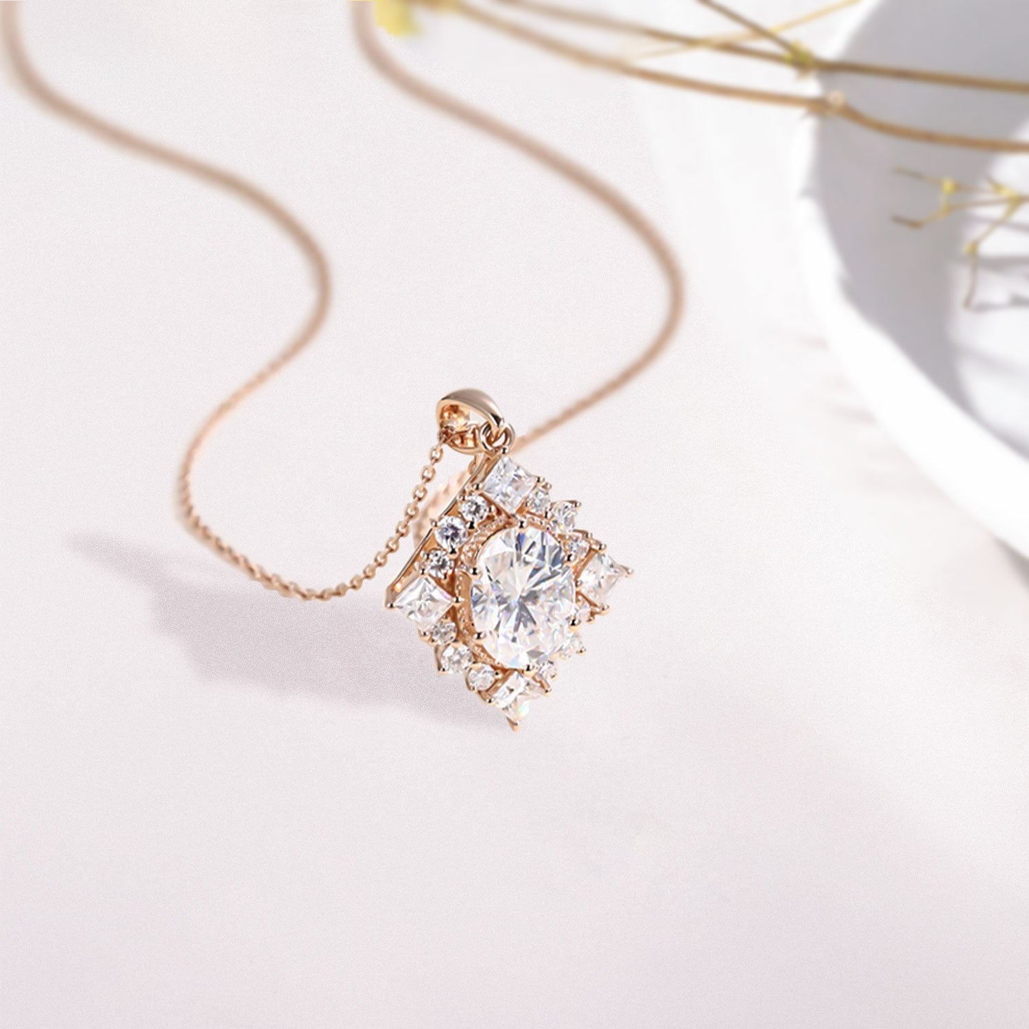 Classic Magic Mirror Cluster Halo Oval Moissanite Necklace - Oore Jewelry