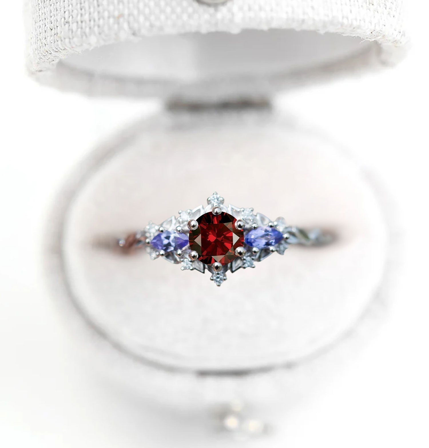 Unique Briar Rose Three-Stone Round Garnet Anniversary Ring - Oore Jewelry