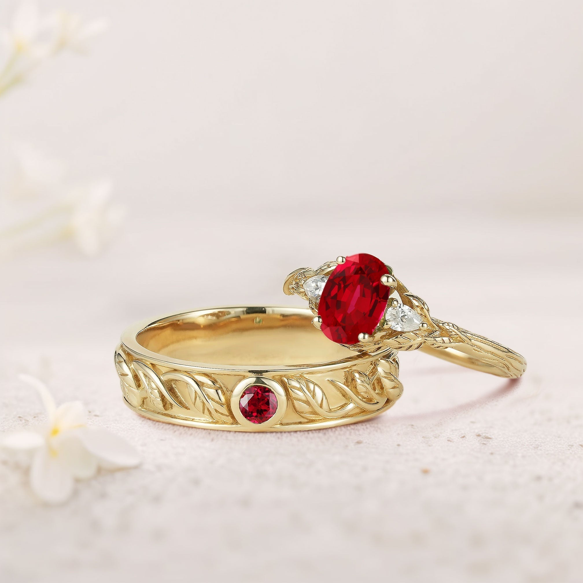 Unique Leaf Design Oval Lab Ruby and Moissanite Wedding Ring Promise Ring for Couples - Oore Jewelry