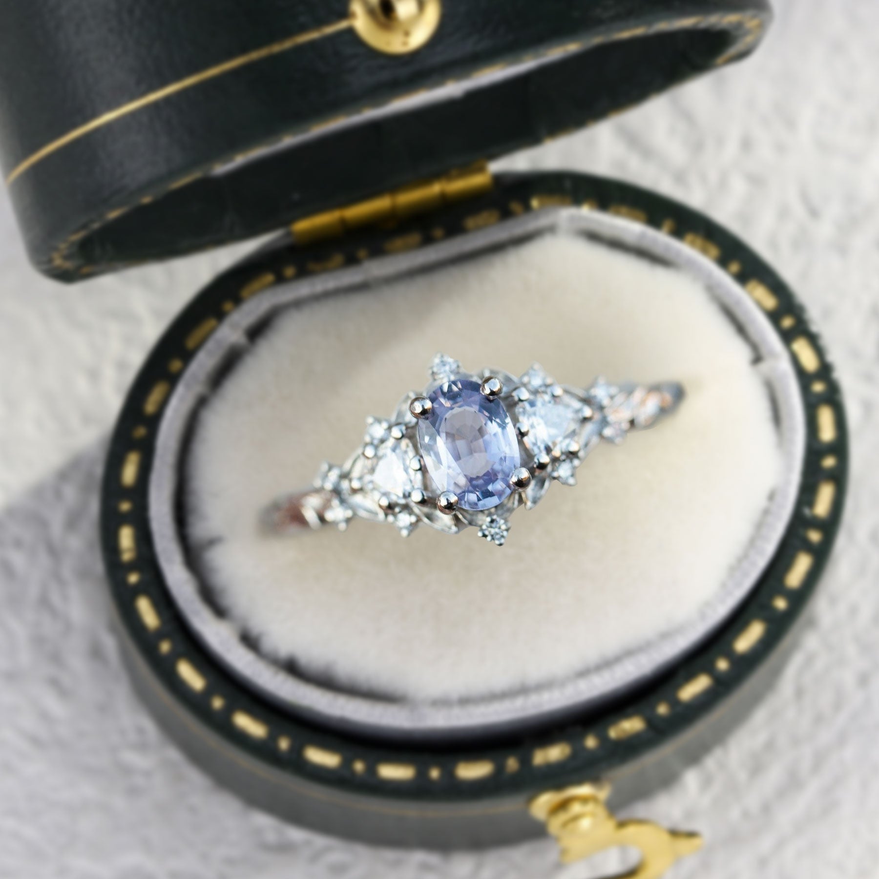 Unique Briar Rose Three Stone Oval Lab Lavender Sapphire Ring - Oore Jewelry