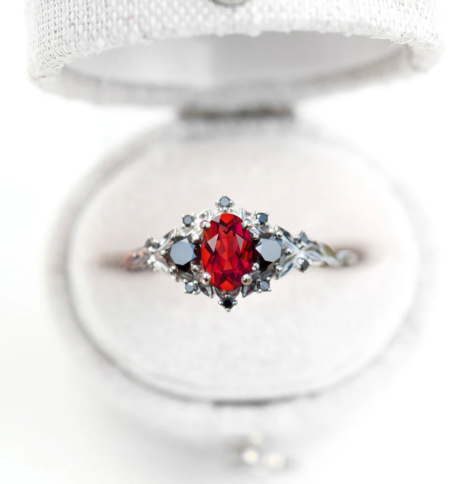 Unique Briar Rose Three Stone Oval Garnet and Black Moissanite Anniversary Ring - Oore Jewelry