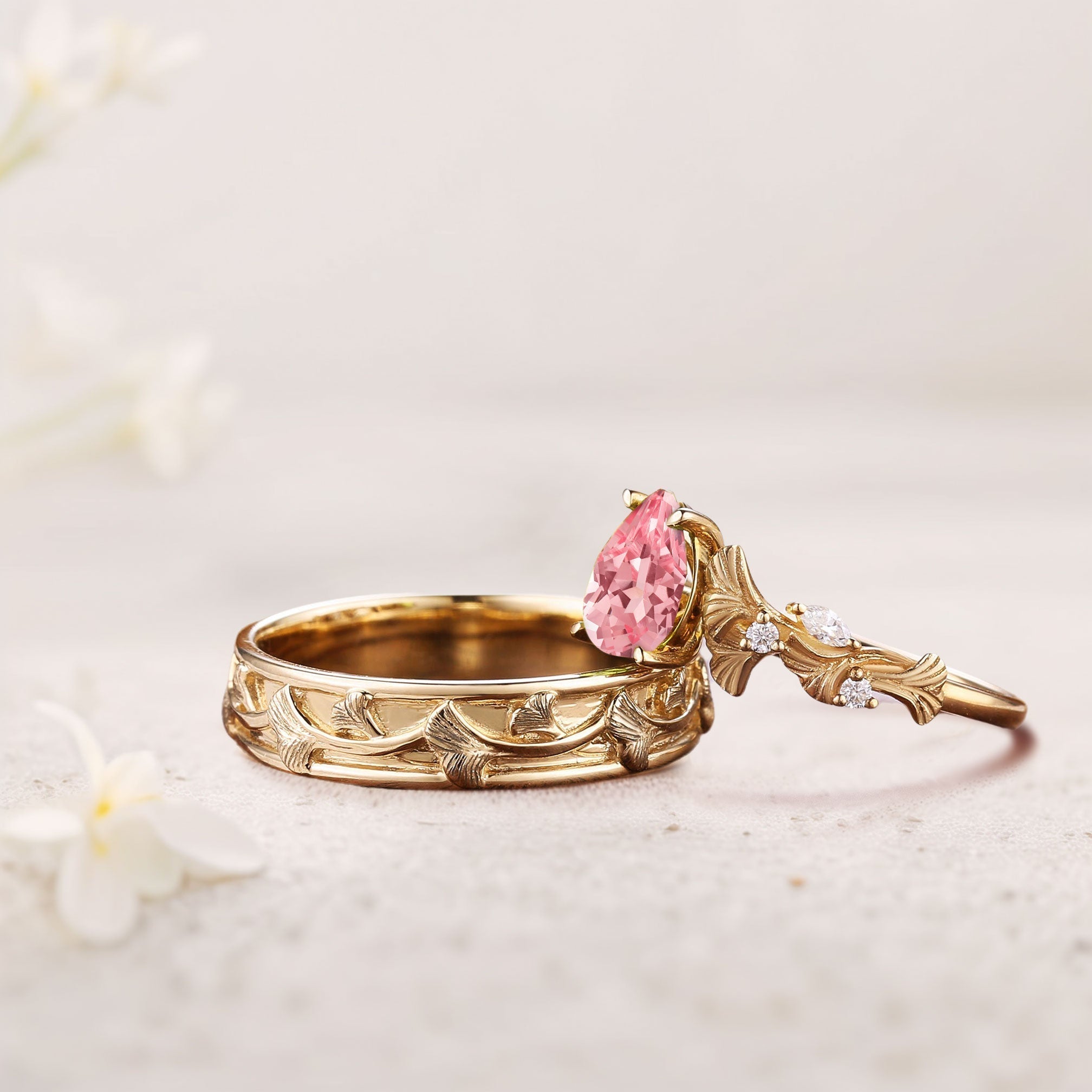Vintage Pear Lab Padparadscha Engagement Couples Ring Set For Wedding Gift - Oore Jewelry