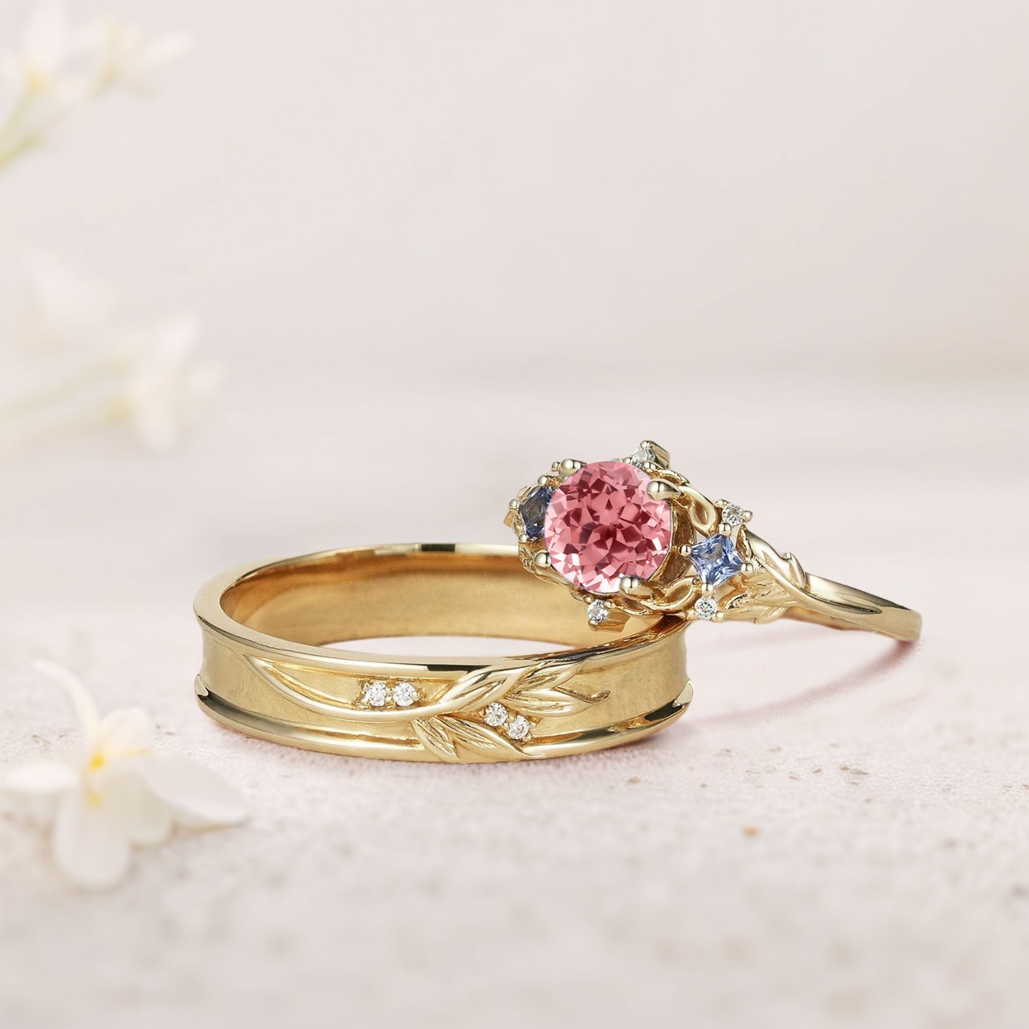 Unique Round Lab Padparadscha Promise Ring Engagement Ring Set for Couples - Oore Jewelry