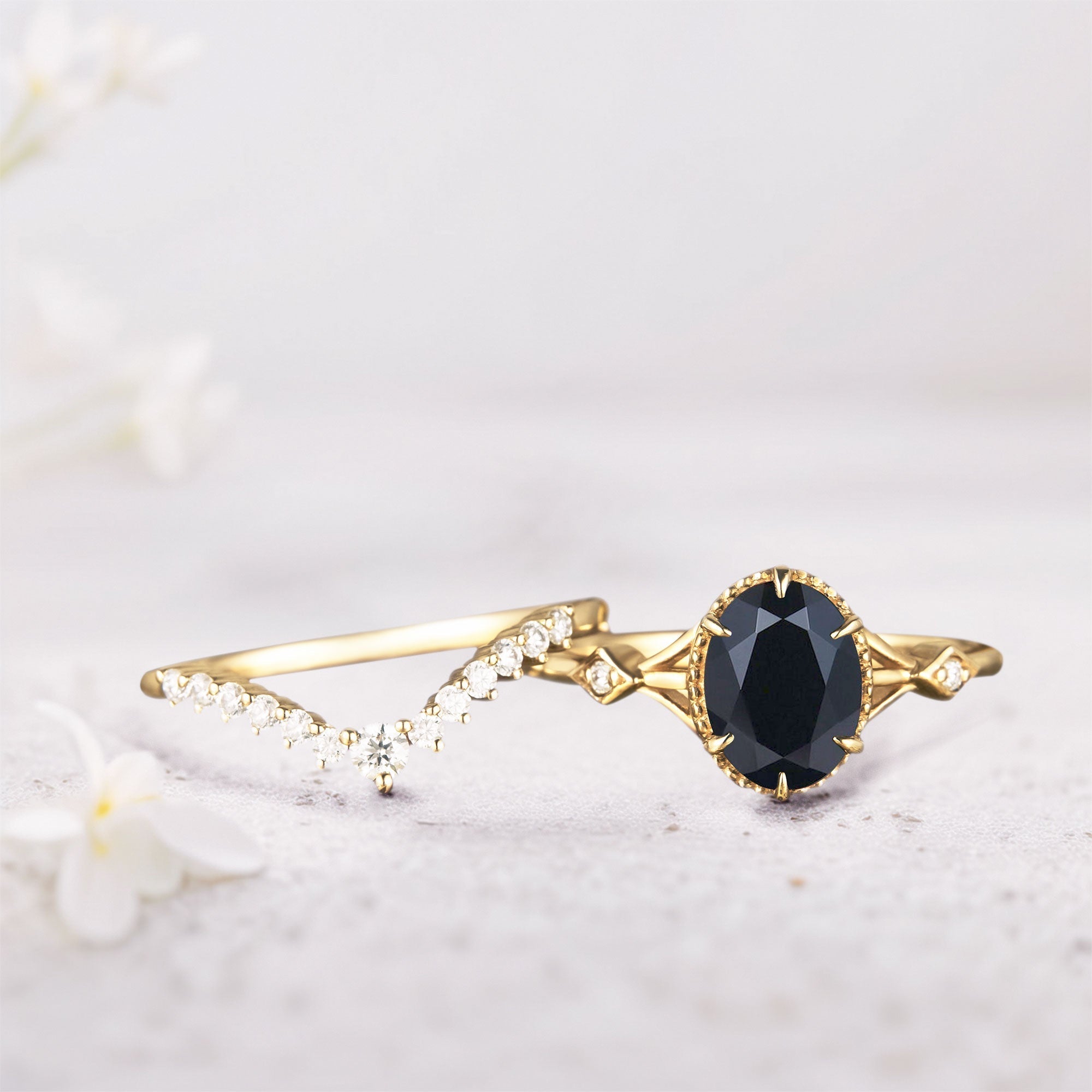 Vintage Oval Black Onyx and Moissanite Bridal Set - Oore Jewelry