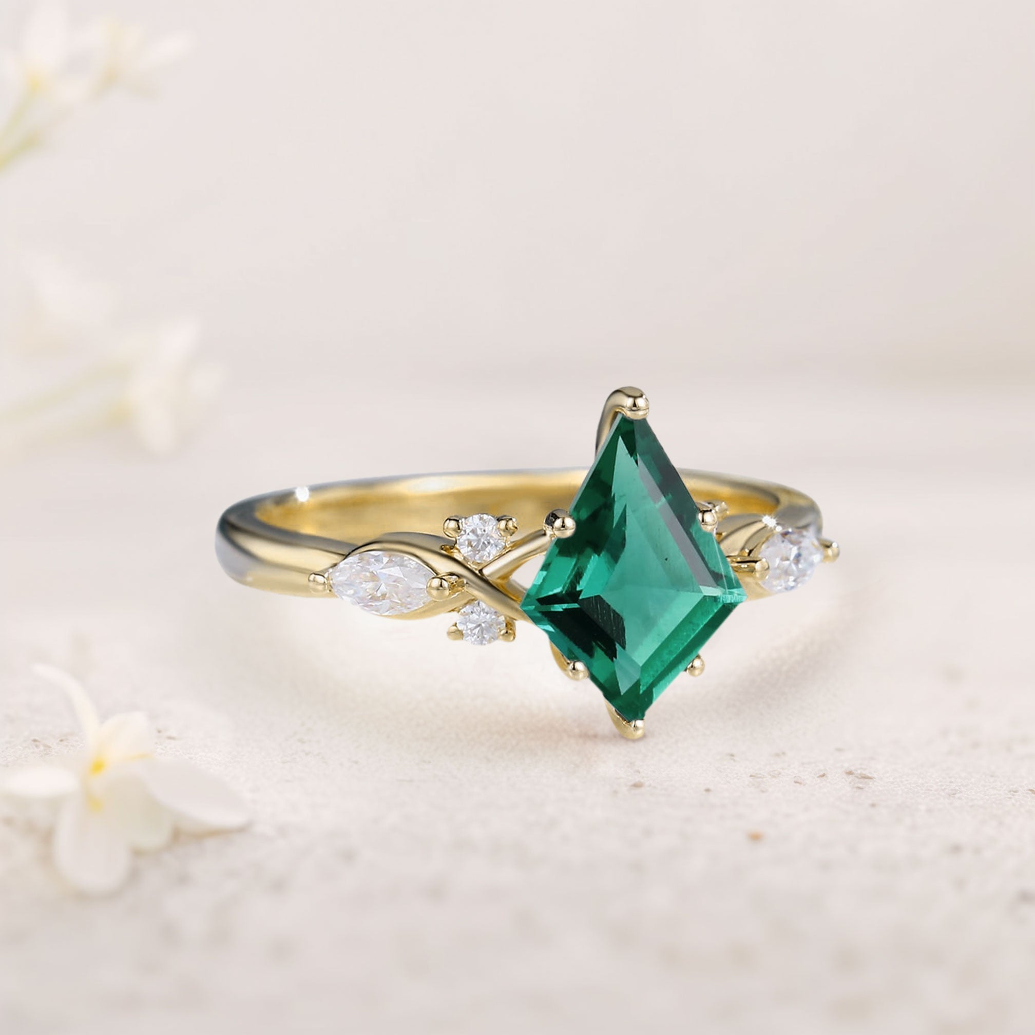 Unique Kite Lab Emerald Engagement Ring Art Deco Promise Ring - Oore Jewelry