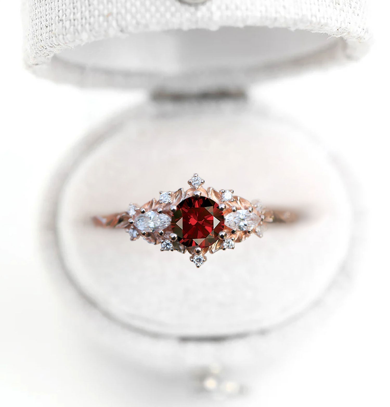 Unique Briar Rose Three Stone Round Garnet Engagement Ring - Oore Jewelry