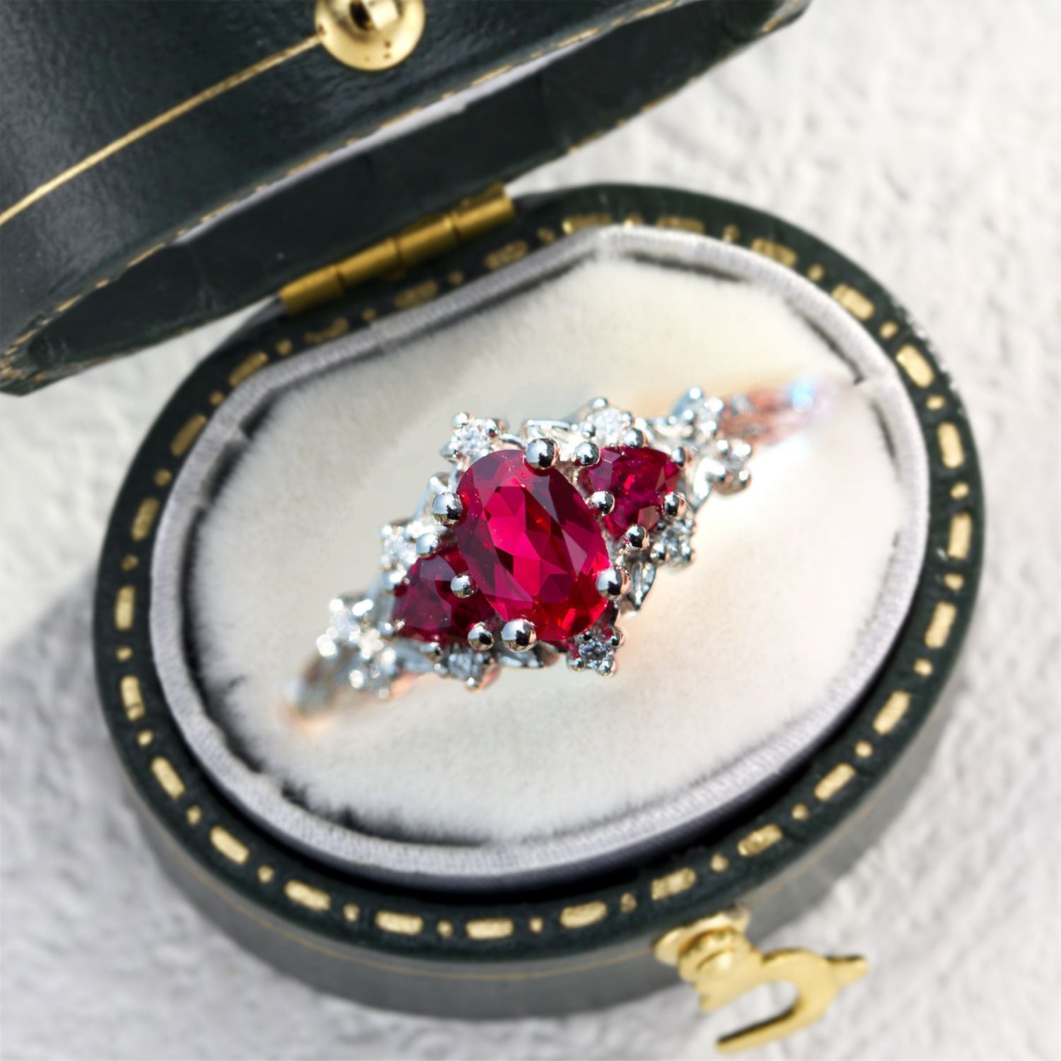 Briar Rose Three Stone Oval Lab Ruby Engagement Ring - Oore Jewelry