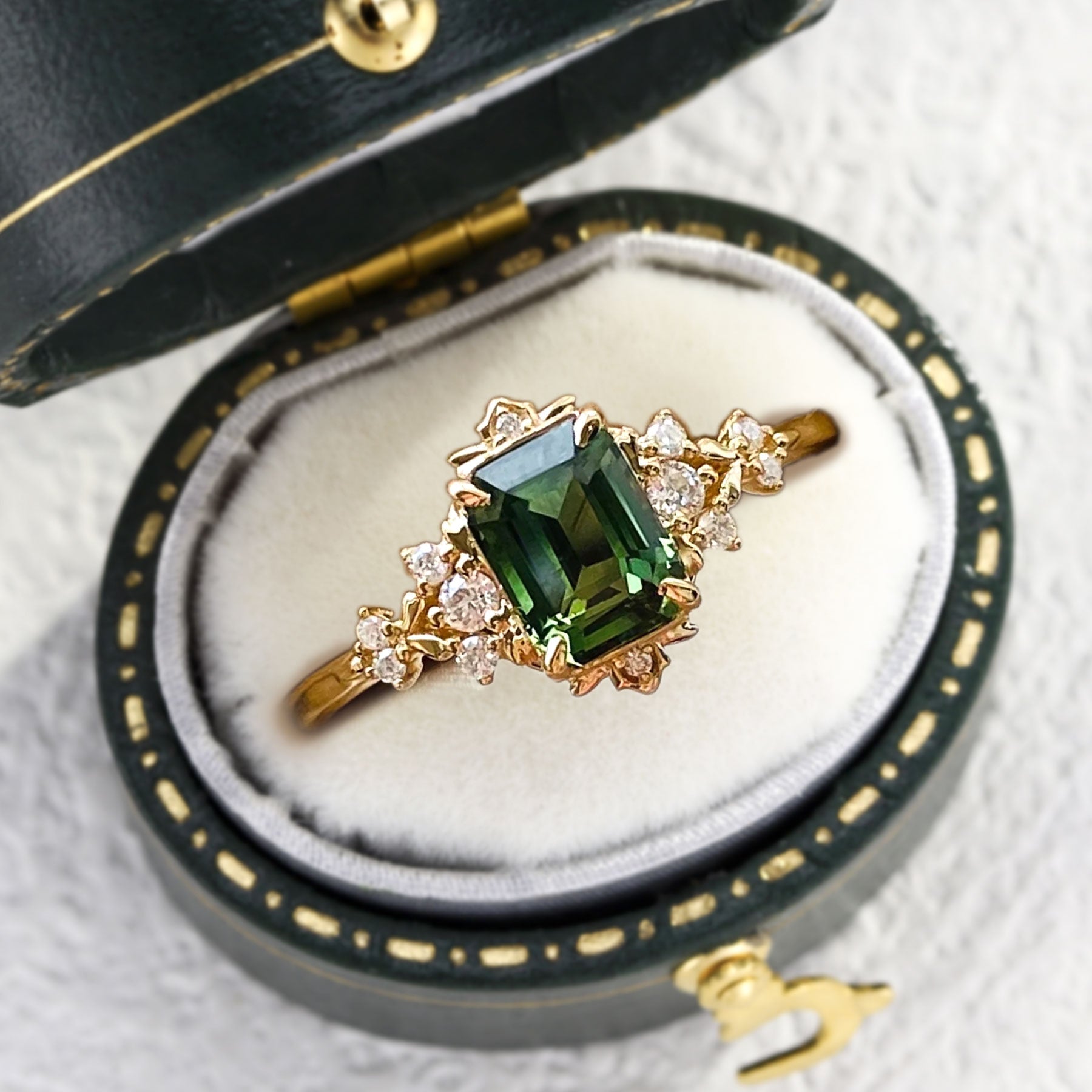 Vintage Fantasy Inspired Emerald Cut Green Lab Sapphire Engagement Ring - Oore Jewelry