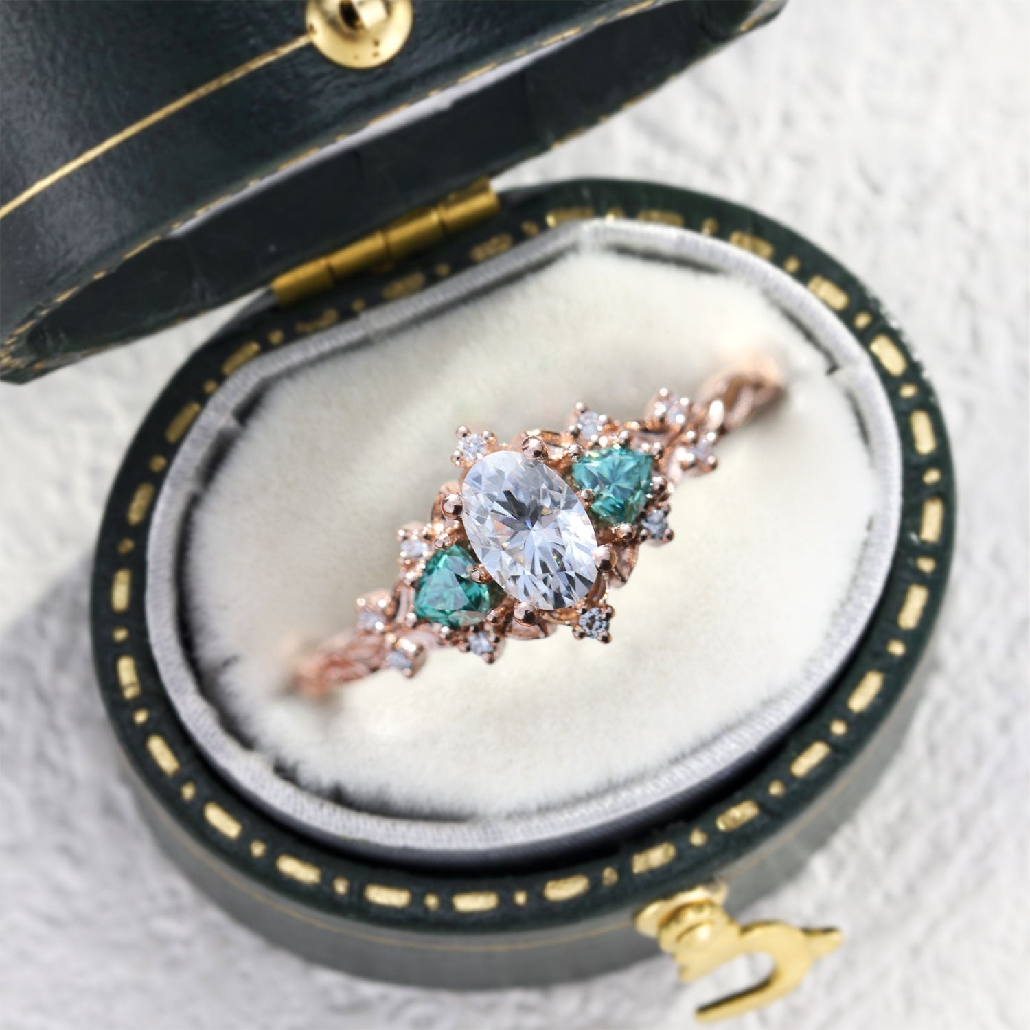 Briar Rose Three Stone Oval Teal Moissanite Engagement Ring - Oore Jewelry