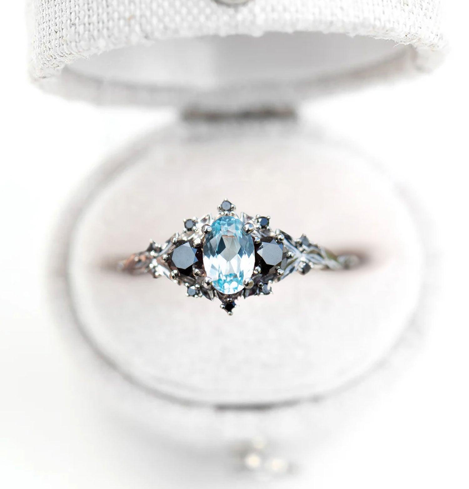 Unique Briar Rose Three Stone Oval Lab Topaz and Black Moissanite Ring - Oore Jewelry