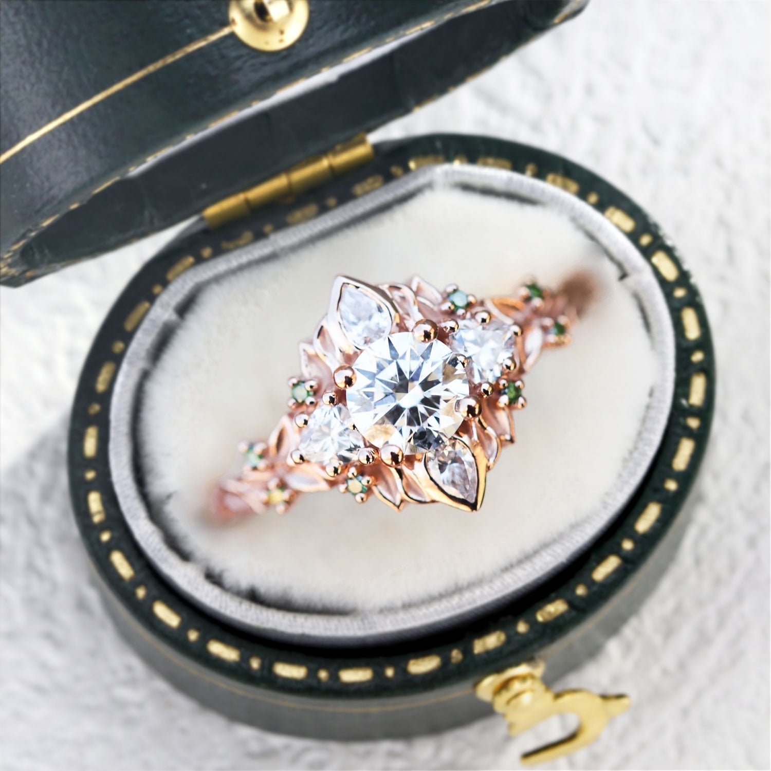 Enchanted Briar Cluster Round Moissanite and Green Sapphire Engagement Ring - Oore Jewelry
