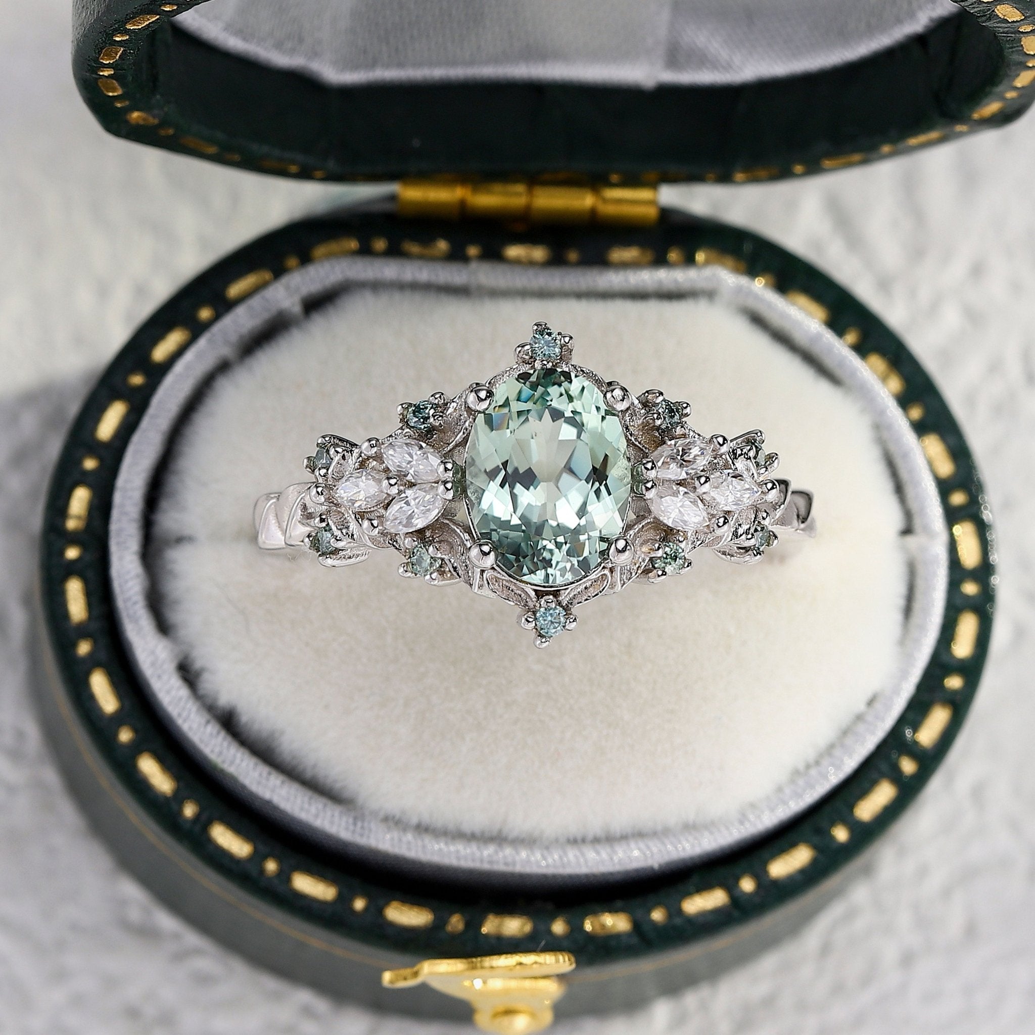Unique Starlight Oval Green Lab Sapphire Engagement Ring - Oore Jewelry