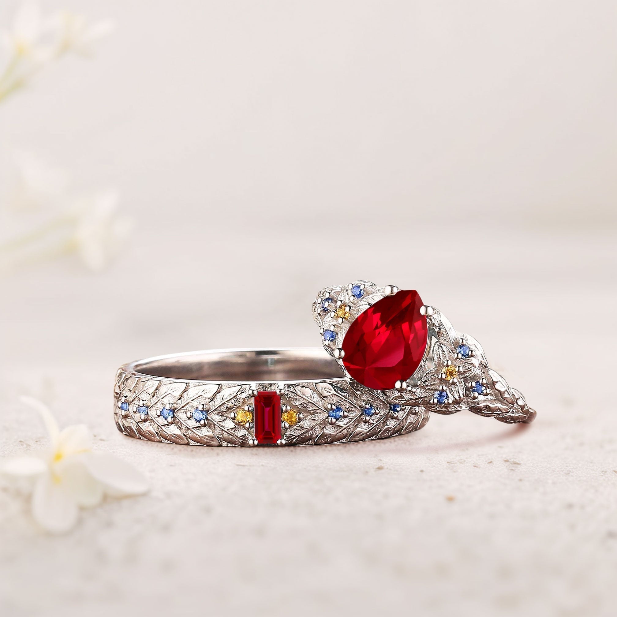Unique Pear Lab Ruby His and Hers Matching Wedding Ring Set - Oore Jewelry