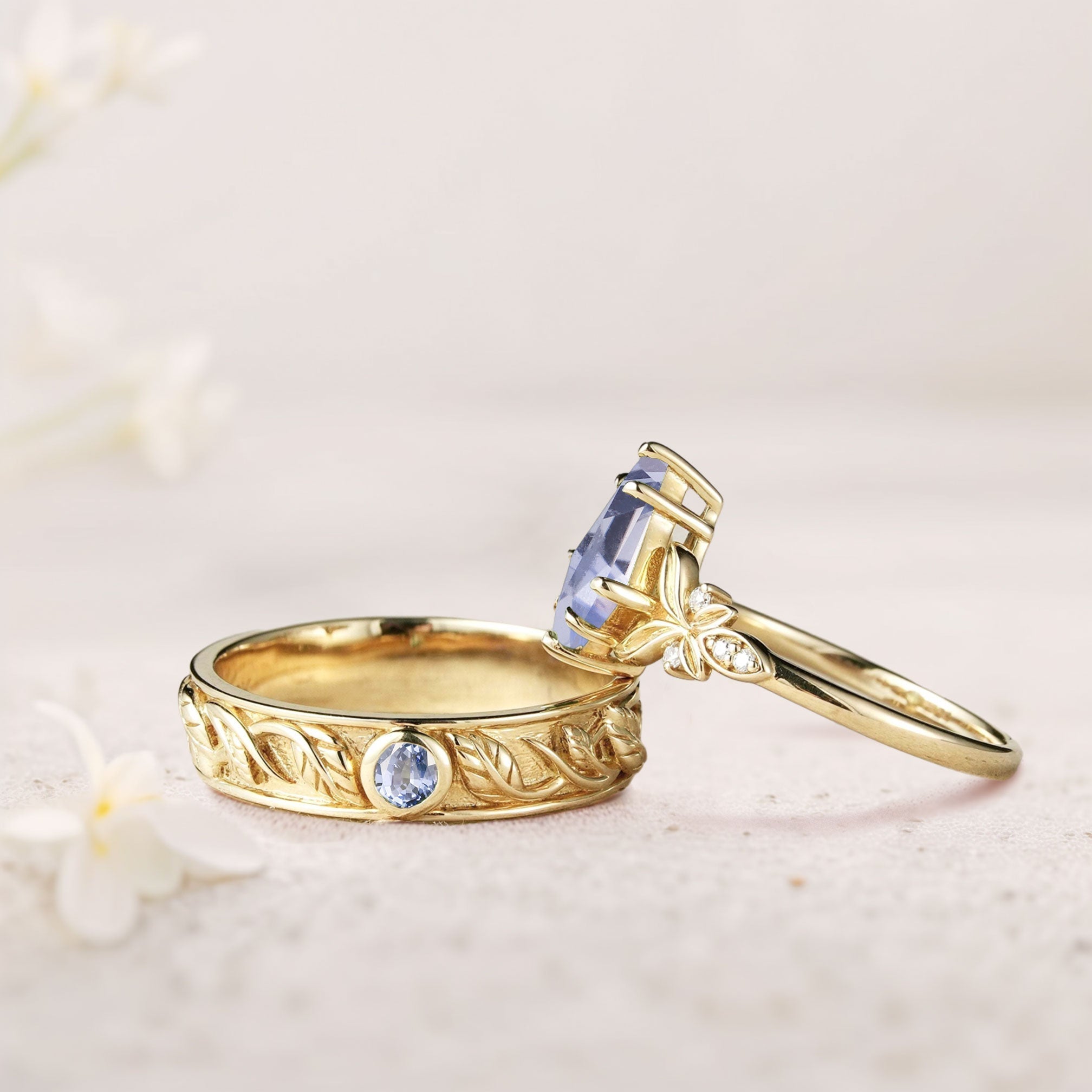 Unique Kite Lab Sapphire Promise Engagement Ring Wedding Ring Set For Couples - Oore Jewelry