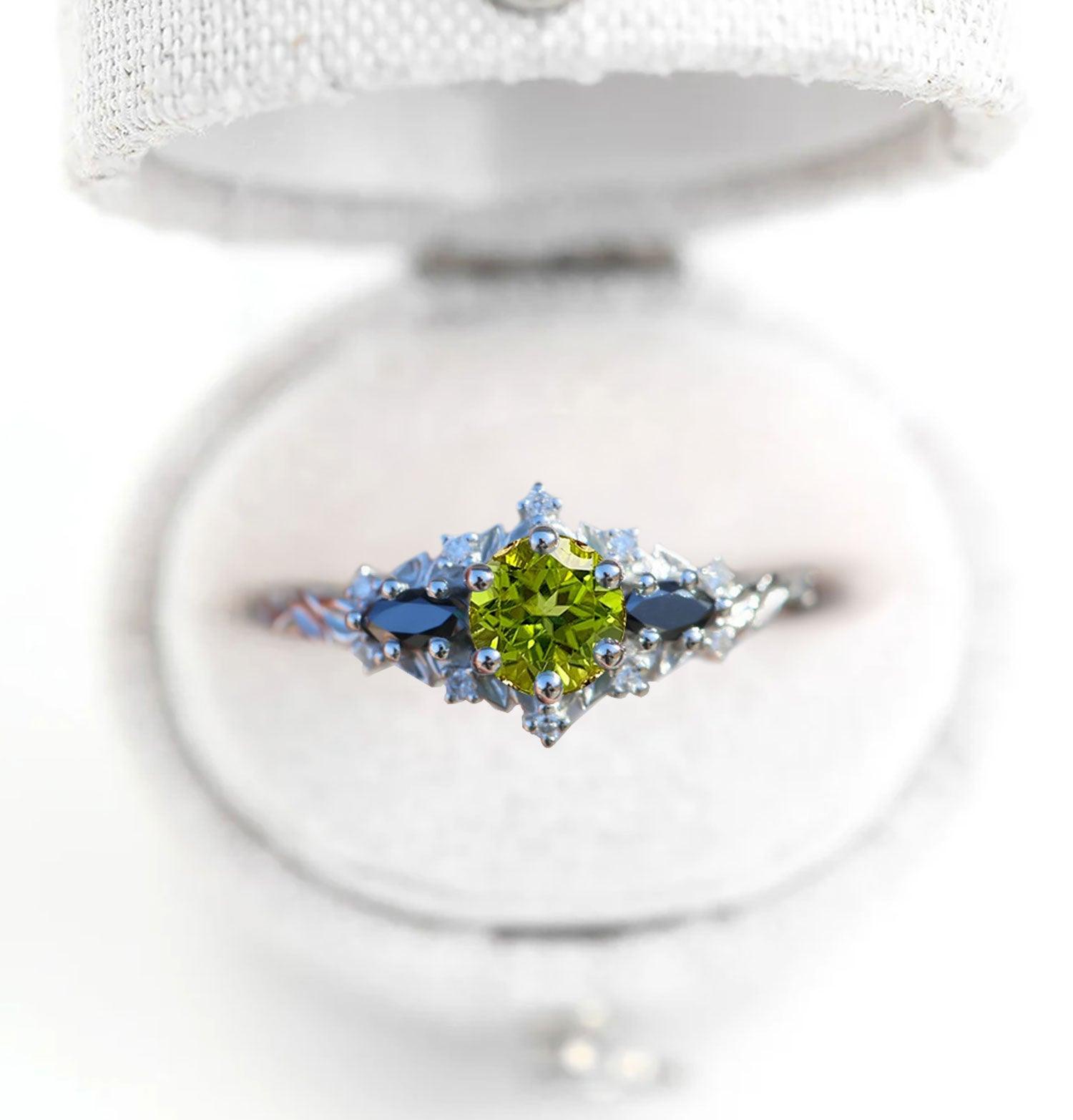 Unique Briar Rose Round Lab Peridot and Black Moissanite Ring - Oore Jewelry