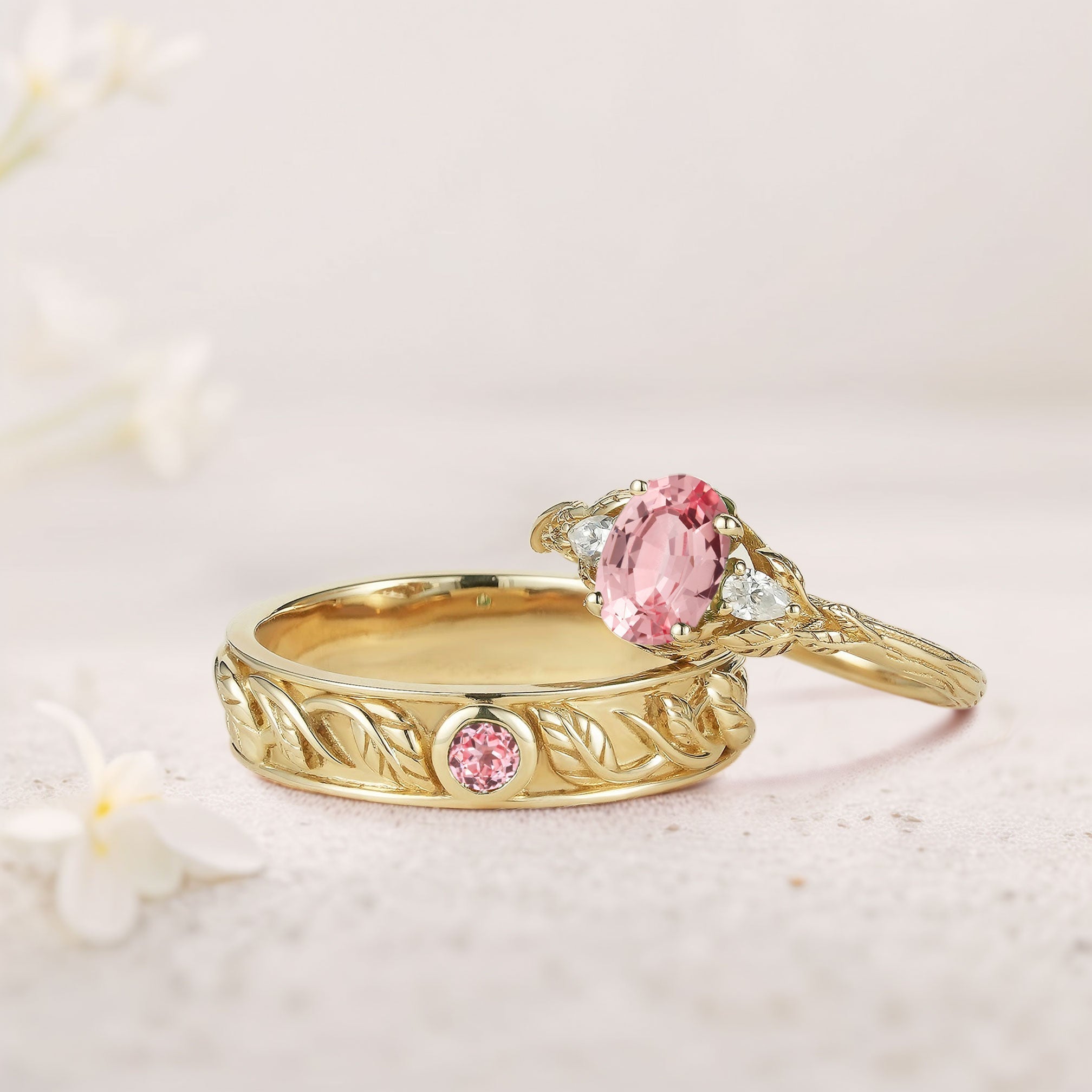 Unique Leaf Design Oval Lab Padparadscha and Moissanite Wedding Ring Promise Ring for Couples - Oore Jewelry