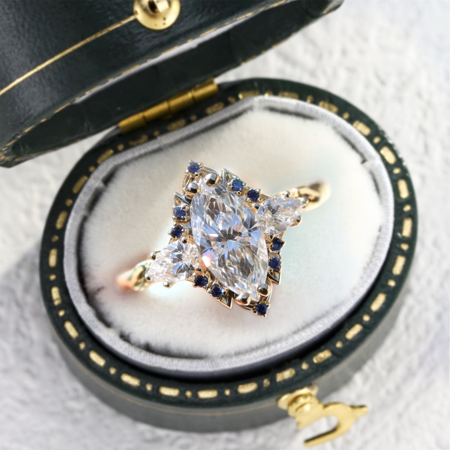 Briar Halo Marquise Moissanite and Lab Sapphire Engagement Ring - Oore Jewelry
