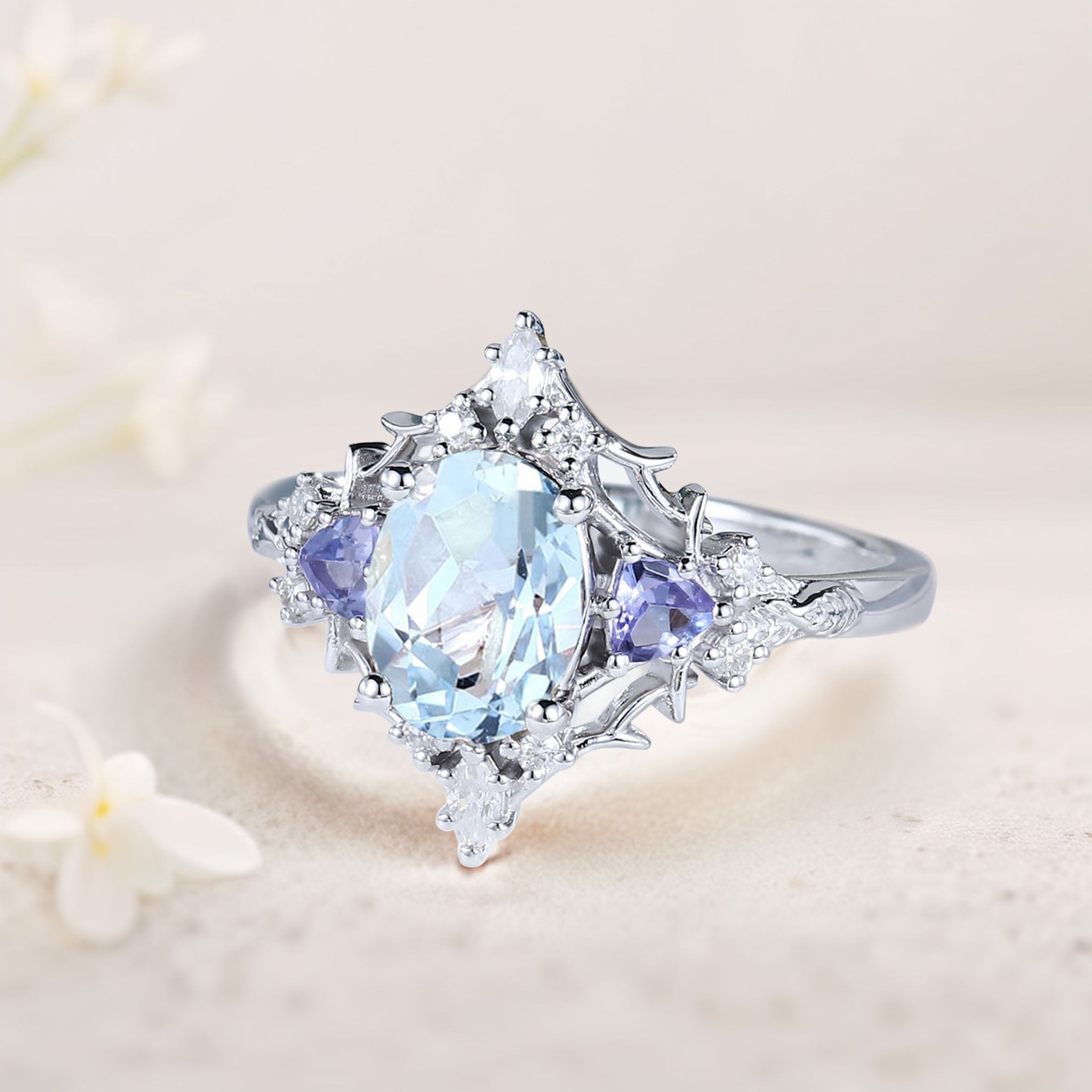 Vintage Briar Rose Oval Lab Aquamarine Engagement Ring Filigree Ring - Oore Jewelry
