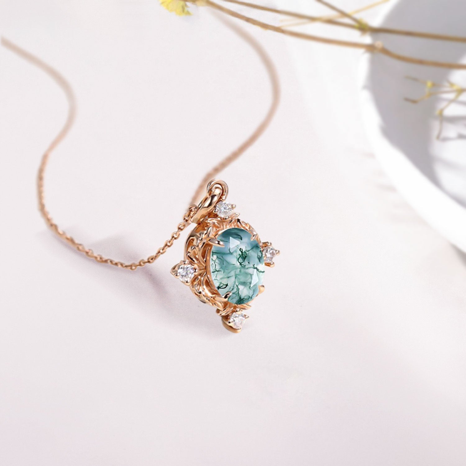 Unique LoveNest Oval Moss Agate Art Nouveau Pendant Necklace - Oore Jewelry