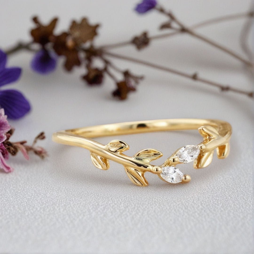 Unique Marquise Moissanite Wedding Band Leaf Moissanite Engagement Ring - Oore Jewelry