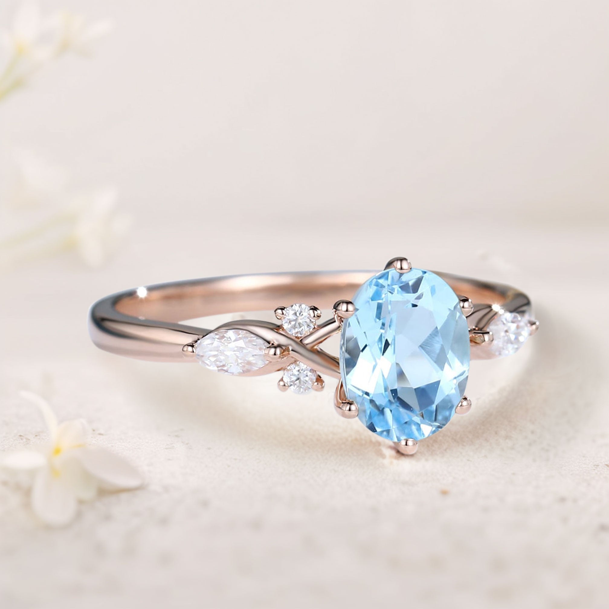 Vintage Oval Lab Aquamarine and Moissanite Split Shank Engagement Ring - Oore Jewelry