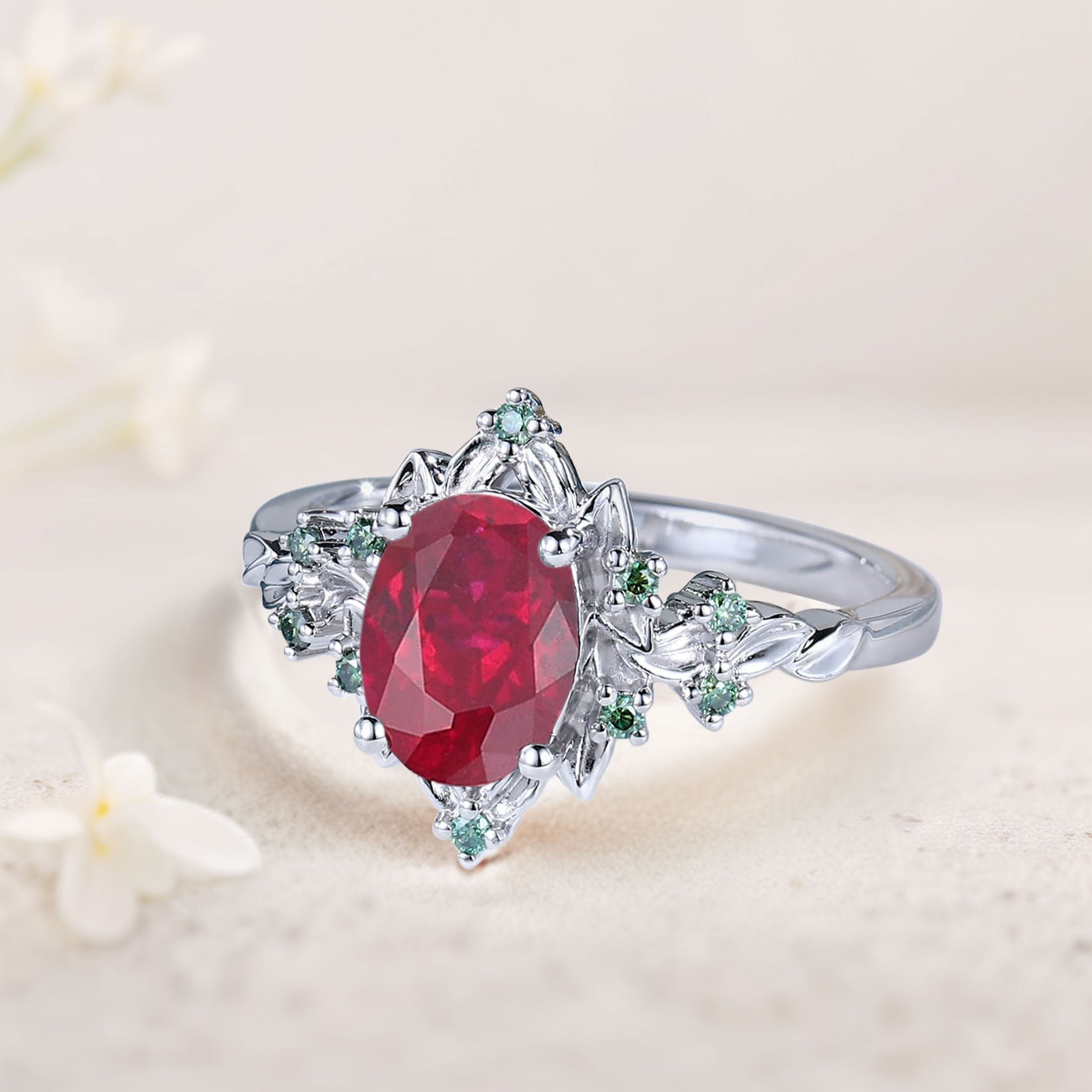 Vintage Briar Rose Oval Lab Ruby Engagement Ring Olive Leaves Ring - Oore Jewelry