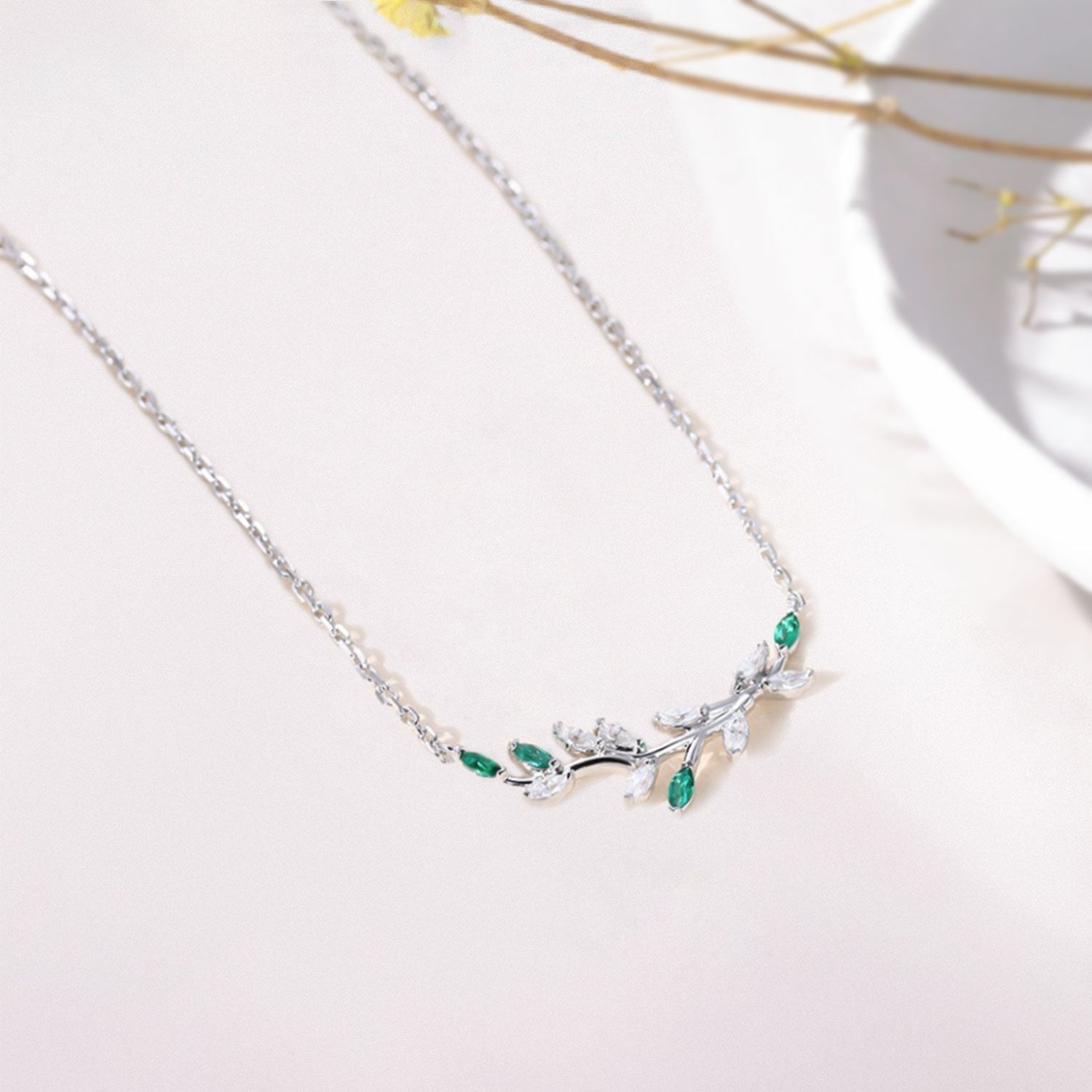 Unique Nature Twig Moissanite & Lab Emerald Necklace - Oore Jewelry