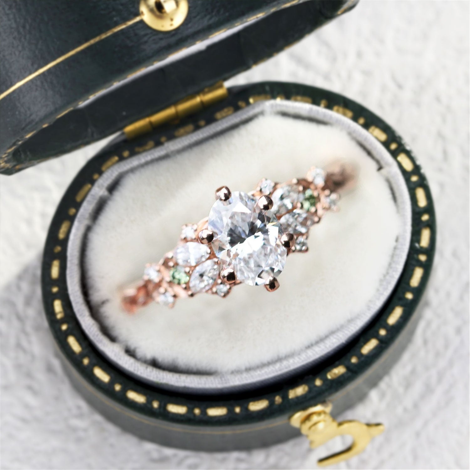 Enchanted Garden Oval Moissanite and Green Sapphire Engagement Ring - Oore Jewelry
