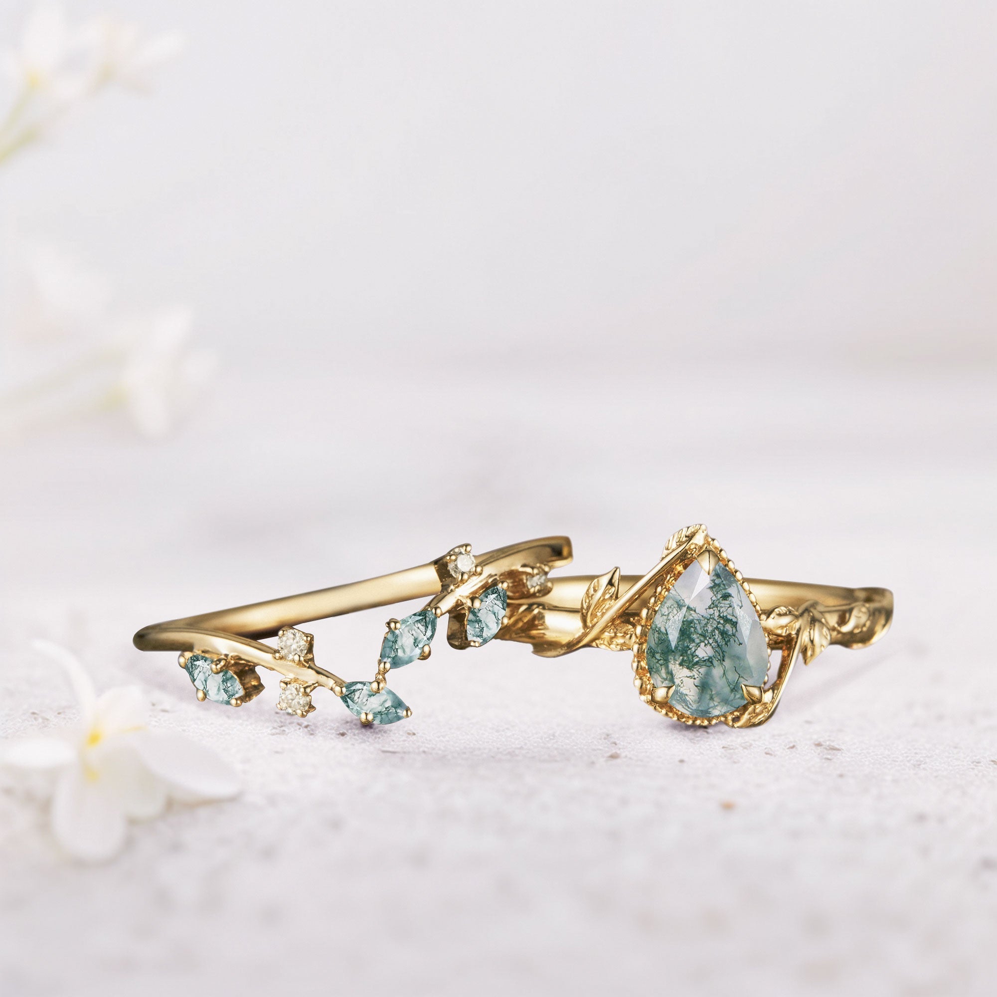 Unique Pear Moss Agate Bridal Ring Set Leaf Ring Set - Oore Jewelry
