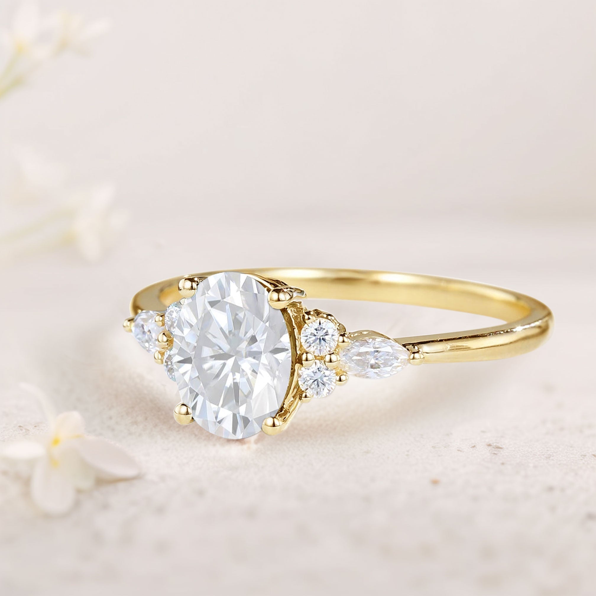 Vintage Oval Moissanite Engagement Ring Cluster Wedding Ring - Oore Jewelry